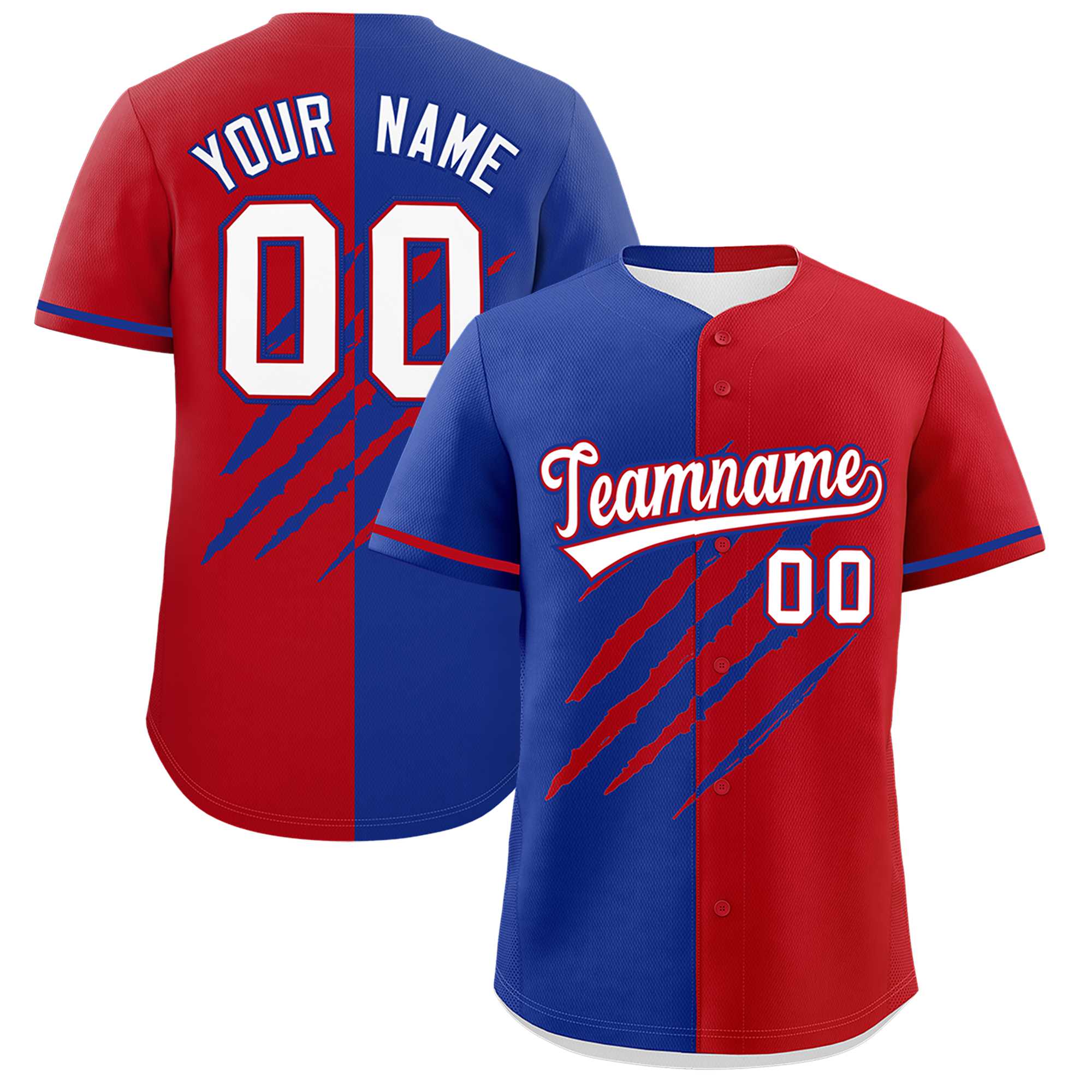 Custom Royal Blue Red Split Tiger Claw Scratch Pattern Baseball Jersey
