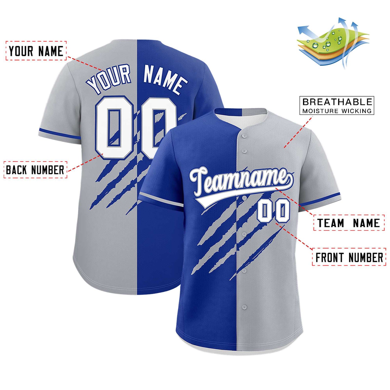 Custom Royal Blue Gray Split Tiger Claw Scratch Pattern Baseball Jersey