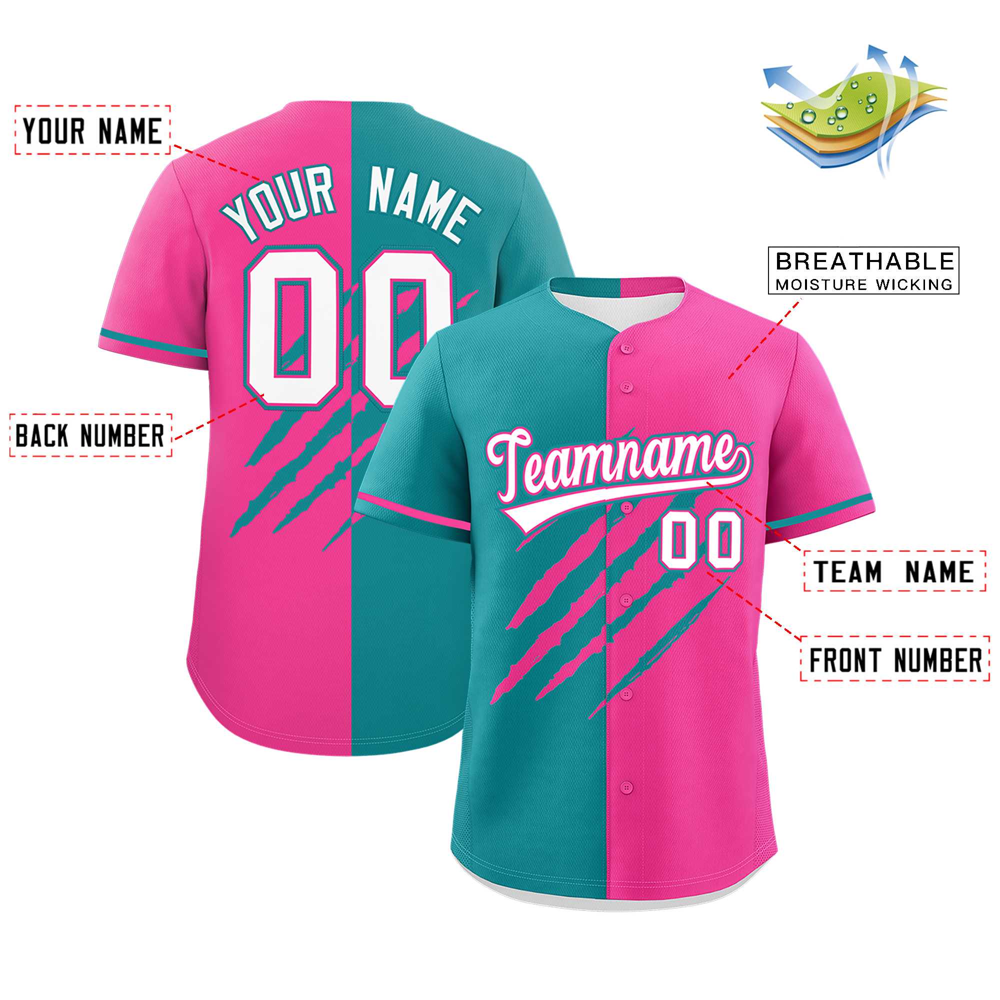 Custom Aqua Pink Split Tiger Claw Scratch Pattern Baseball Jersey