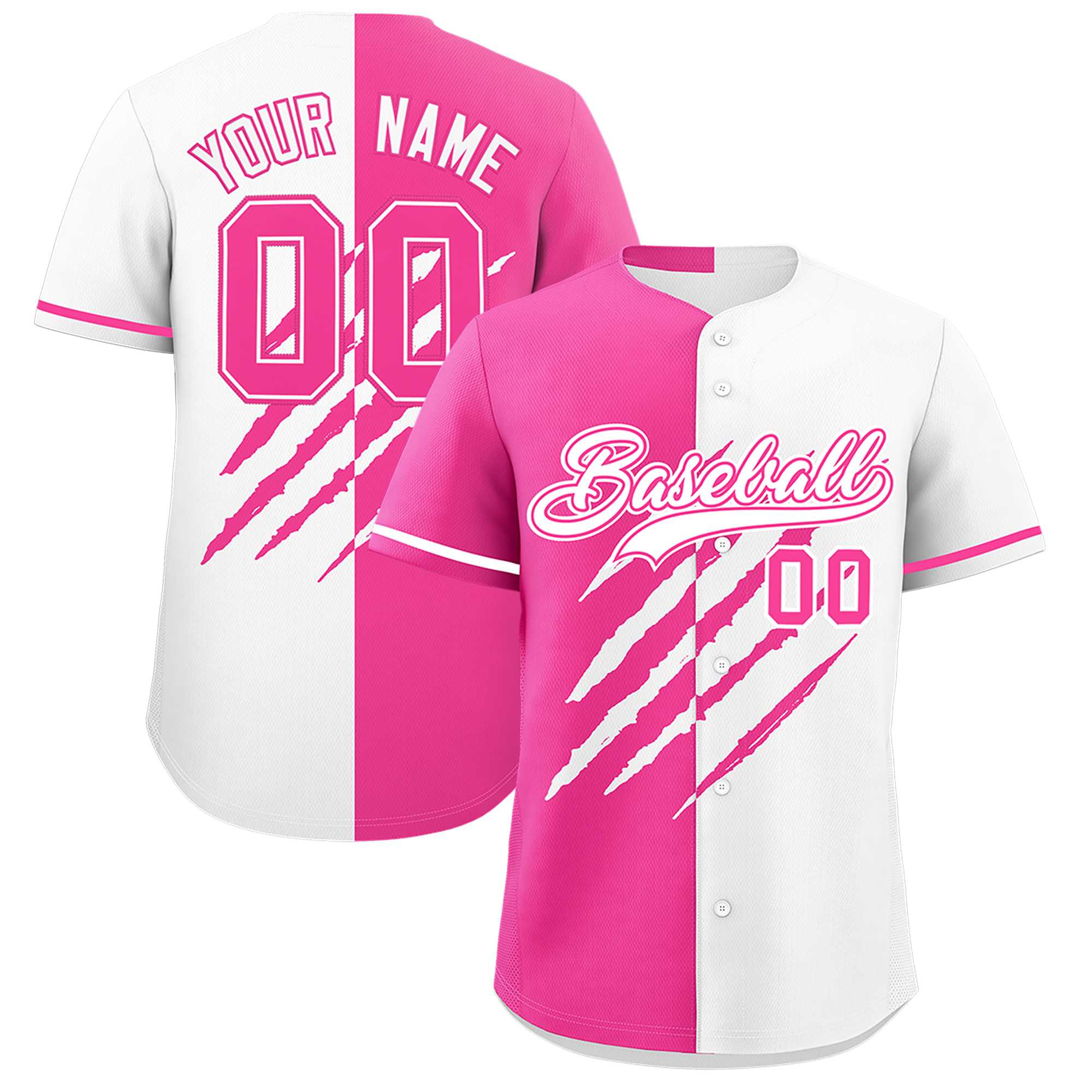 Custom Pink White Split Tiger Claw Scratch Pattern Baseball Jersey