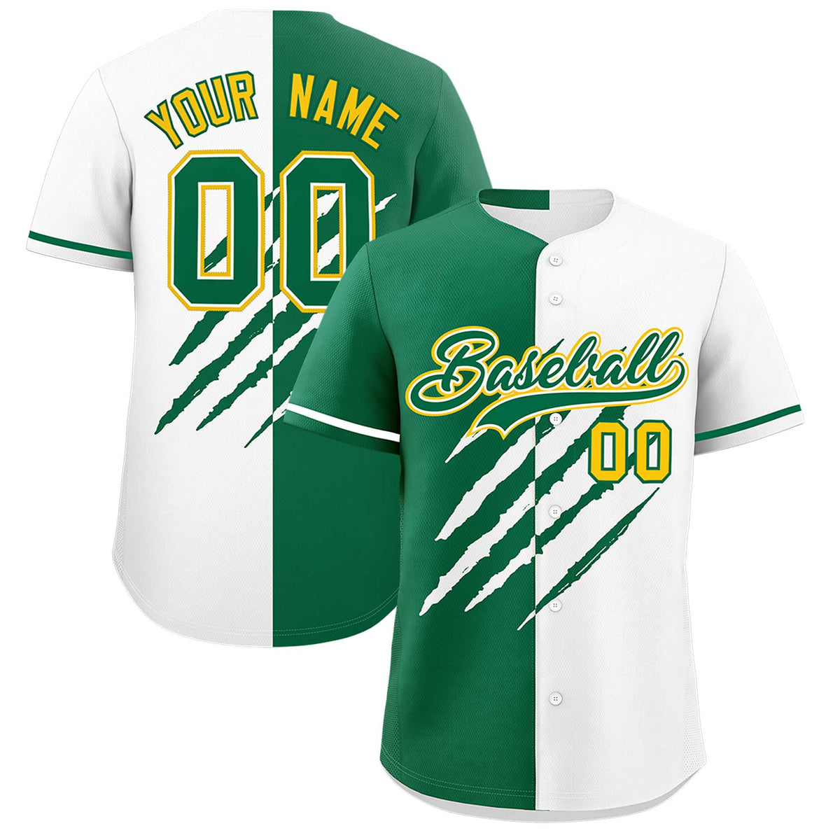 Custom Kelly Green White Split Tiger Claw Scratch Pattern Baseball Jersey