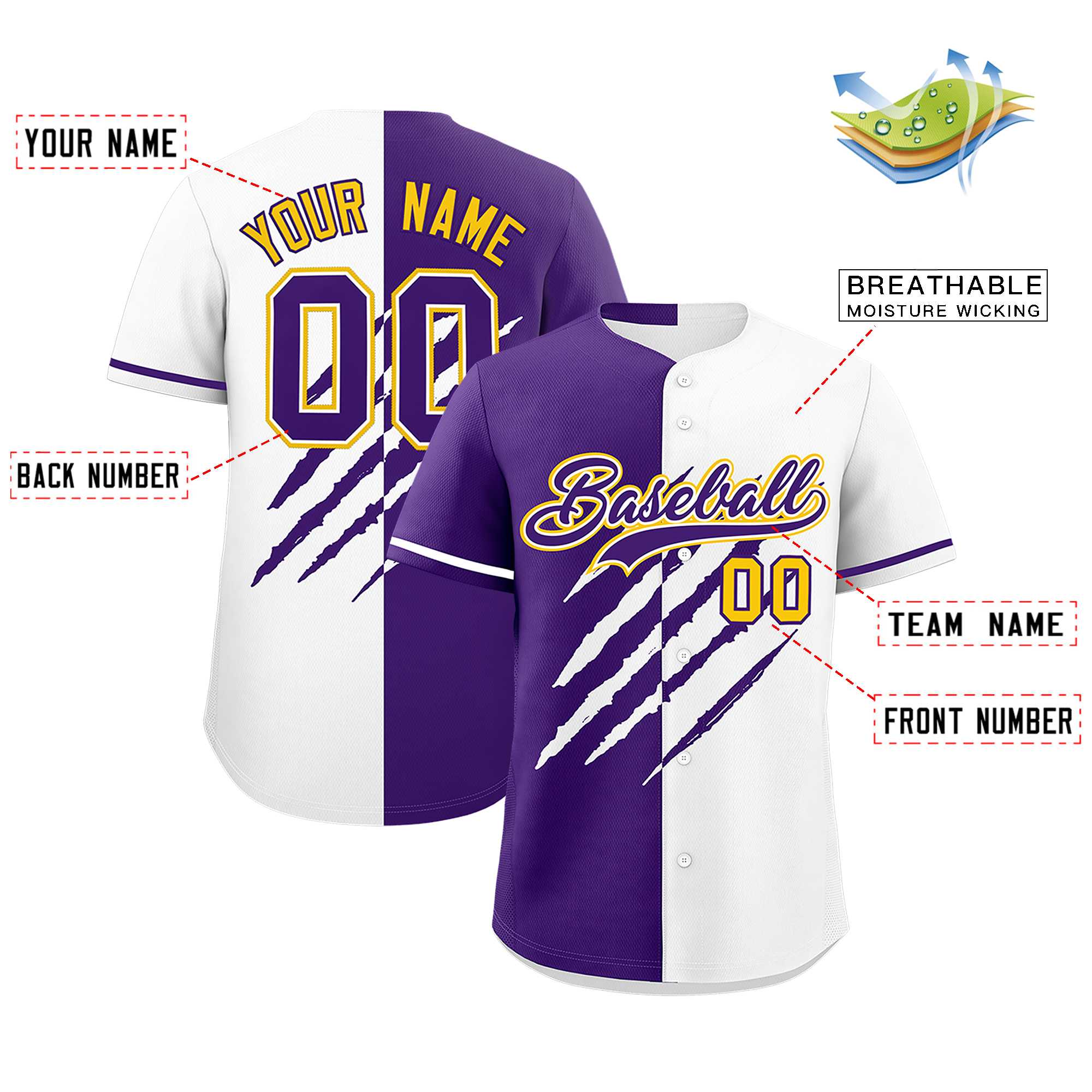 Custom Purple White Split Tiger Claw Scratch Pattern Baseball Jersey