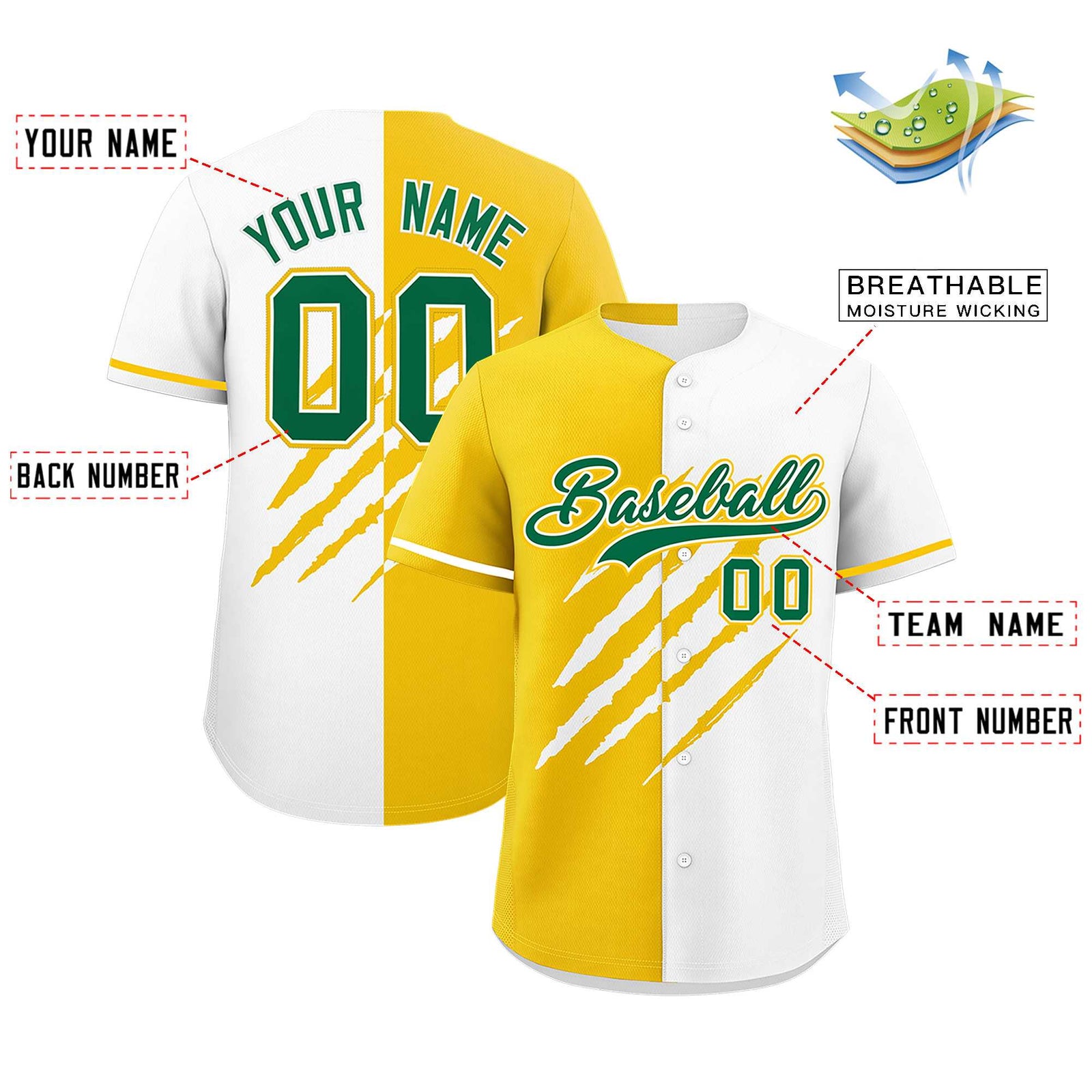 Custom Gold White Split Tiger Claw Scratch Pattern Baseball Jersey