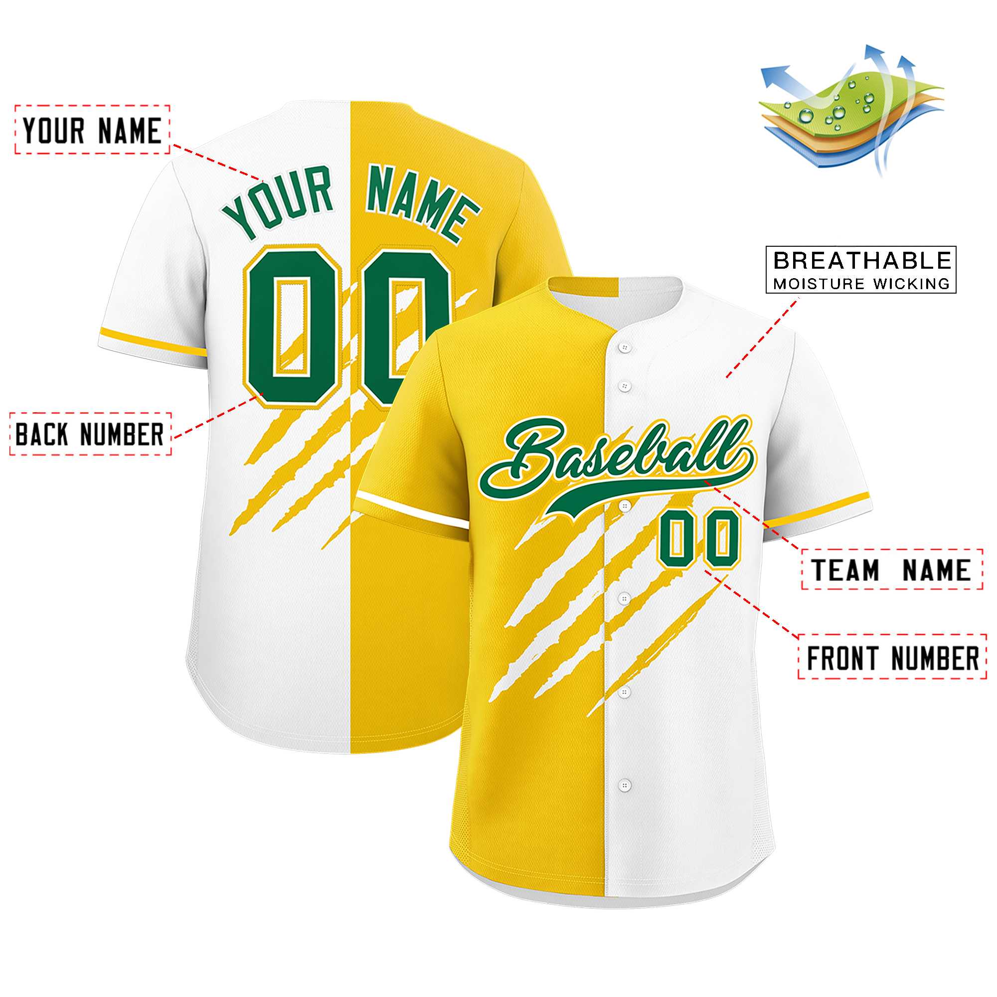 Custom Gold White Split Tiger Claw Scratch Pattern Baseball Jersey