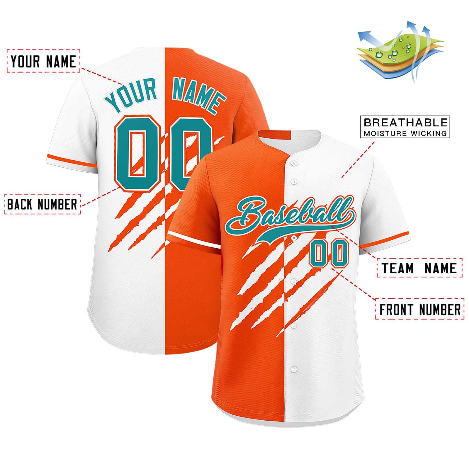 Custom Orange White Split Tiger Claw Scratch Pattern Baseball Jersey