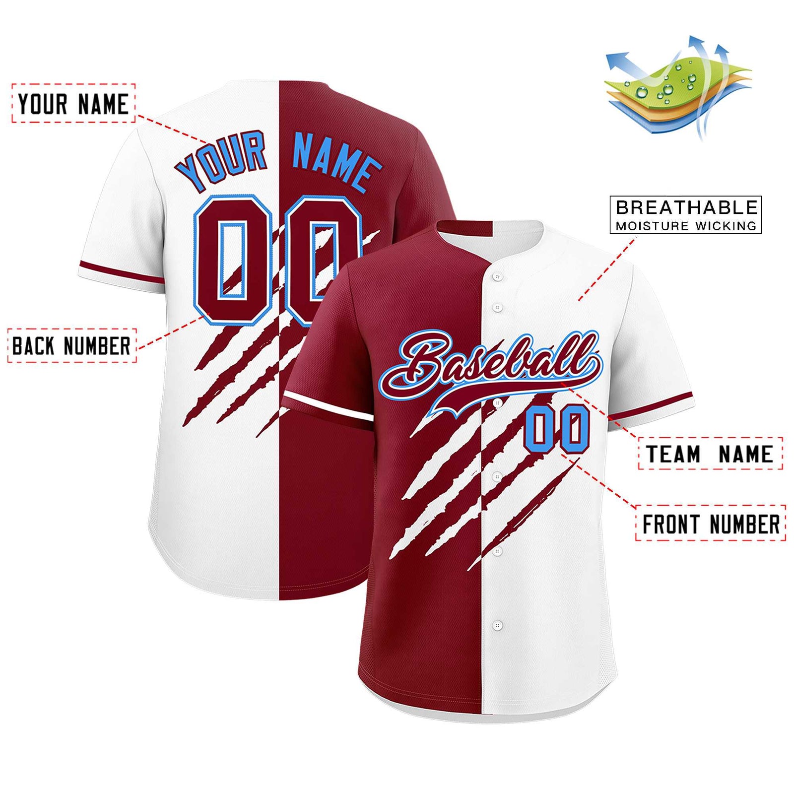 Custom Crimson White Split Tiger Claw Scratch Pattern Baseball Jersey