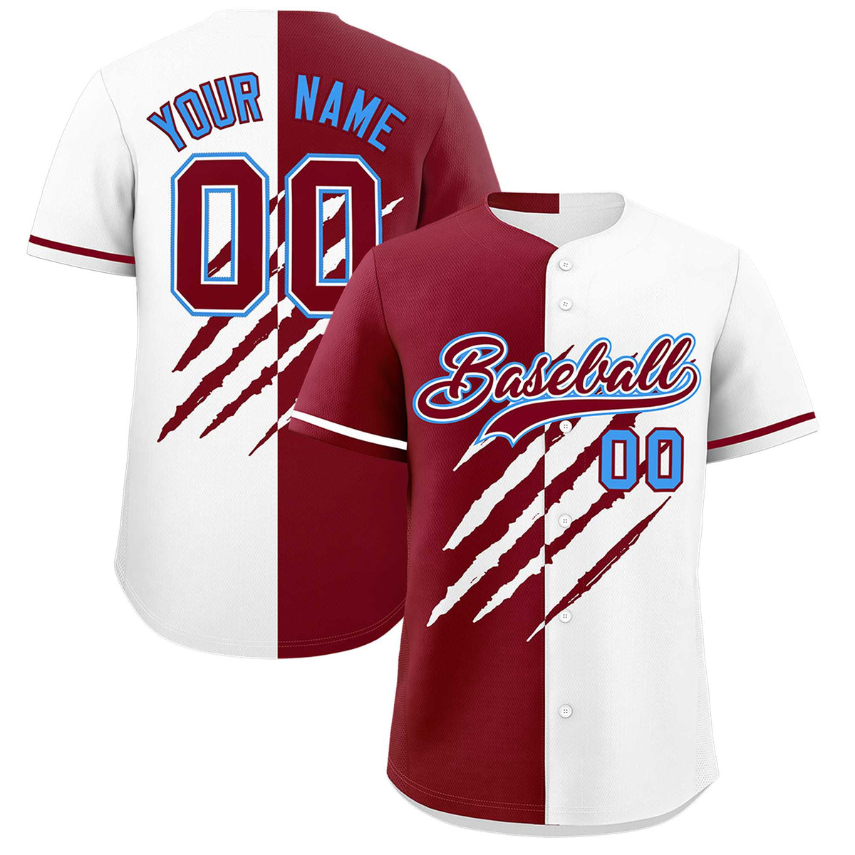 Custom Crimson White Split Tiger Claw Scratch Pattern Baseball Jersey