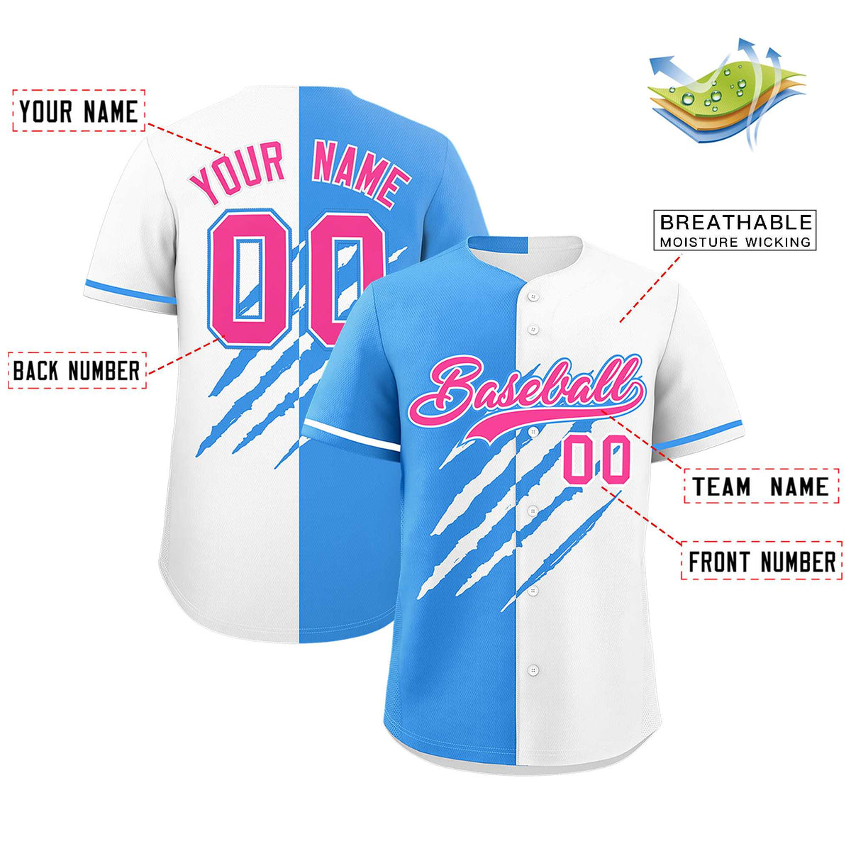Custom Powder Blue White Split Tiger Claw Scratch Pattern Baseball Jersey