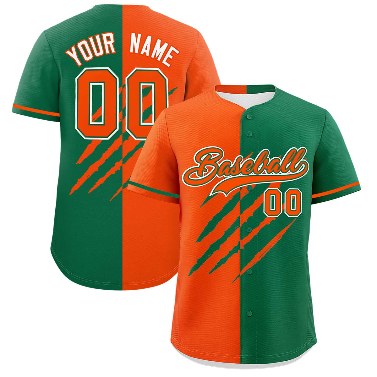Custom Orange Kelly Green Split Tiger Claw Scratch Pattern Baseball Jersey