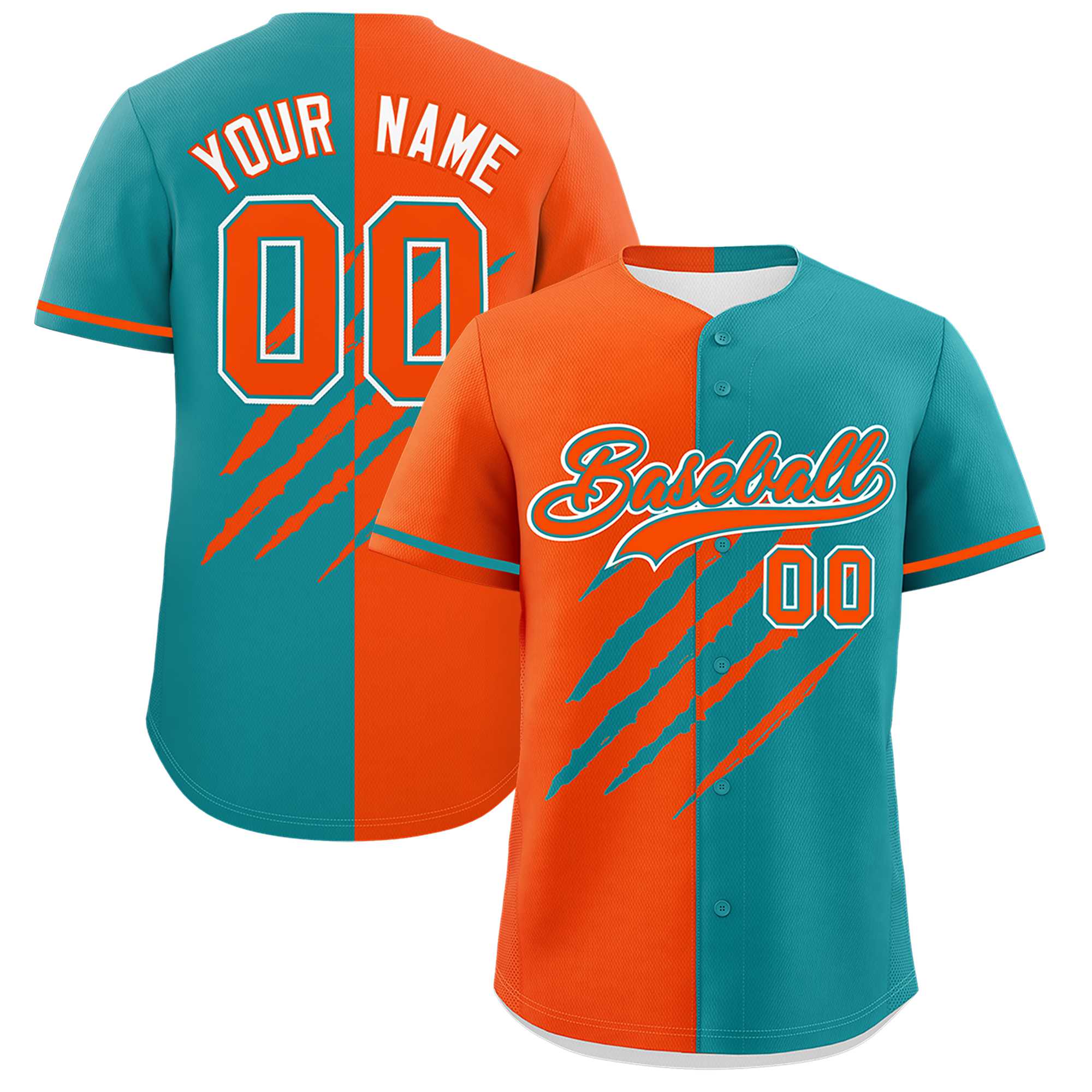 Custom Orange Aqua Split Tiger Claw Scratch Pattern Baseball Jersey