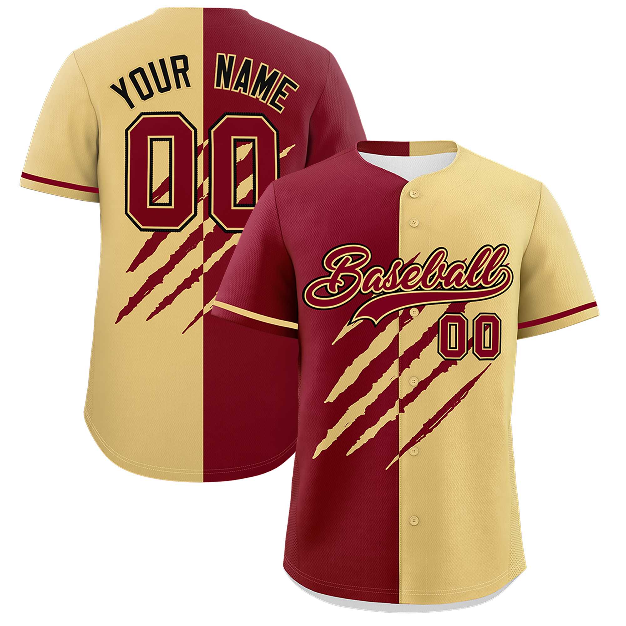 Custom Crimson Khaki Split Tiger Claw Scratch Pattern Baseball Jersey