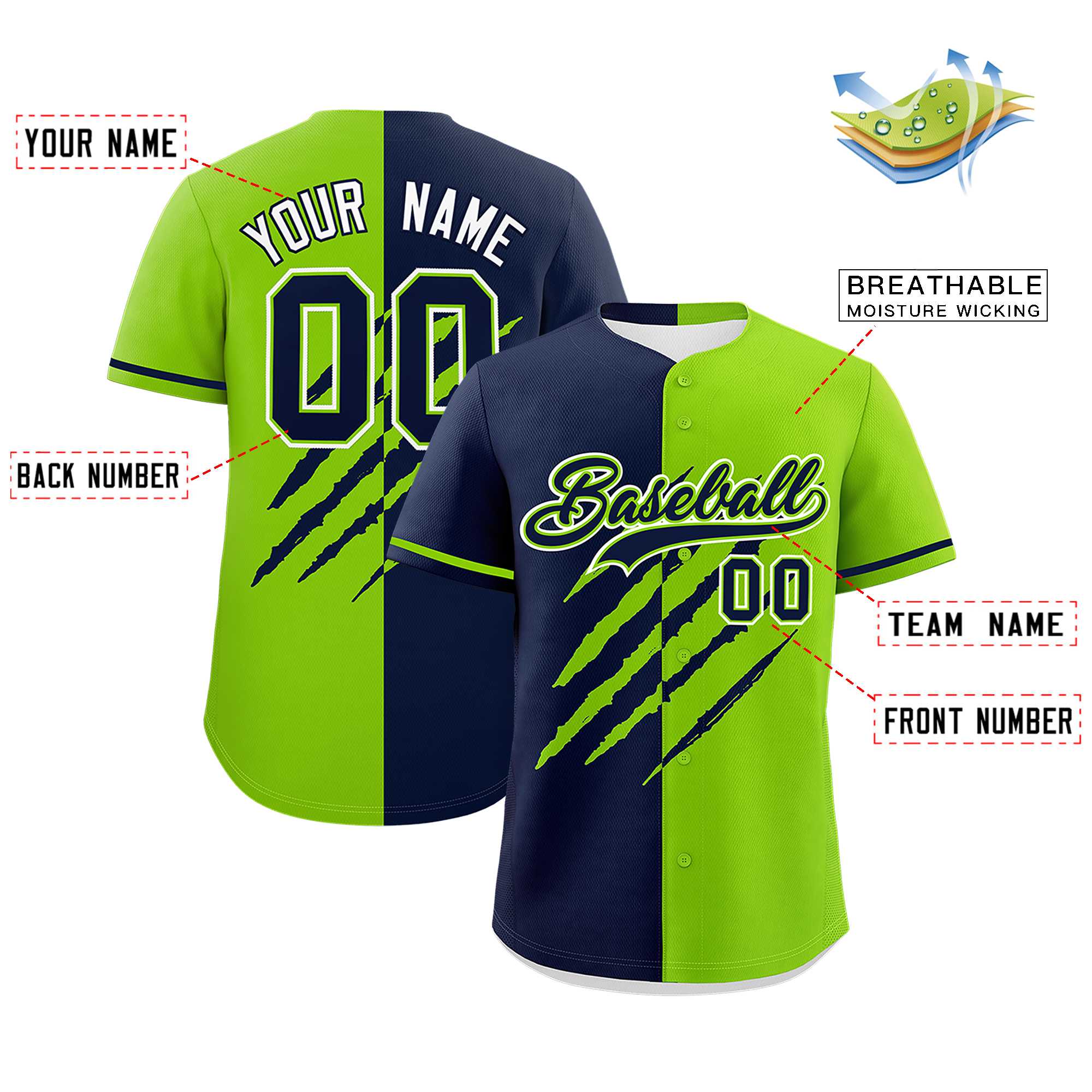 Custom Navy Neon Green Split Tiger Claw Scratch Pattern Baseball Jersey