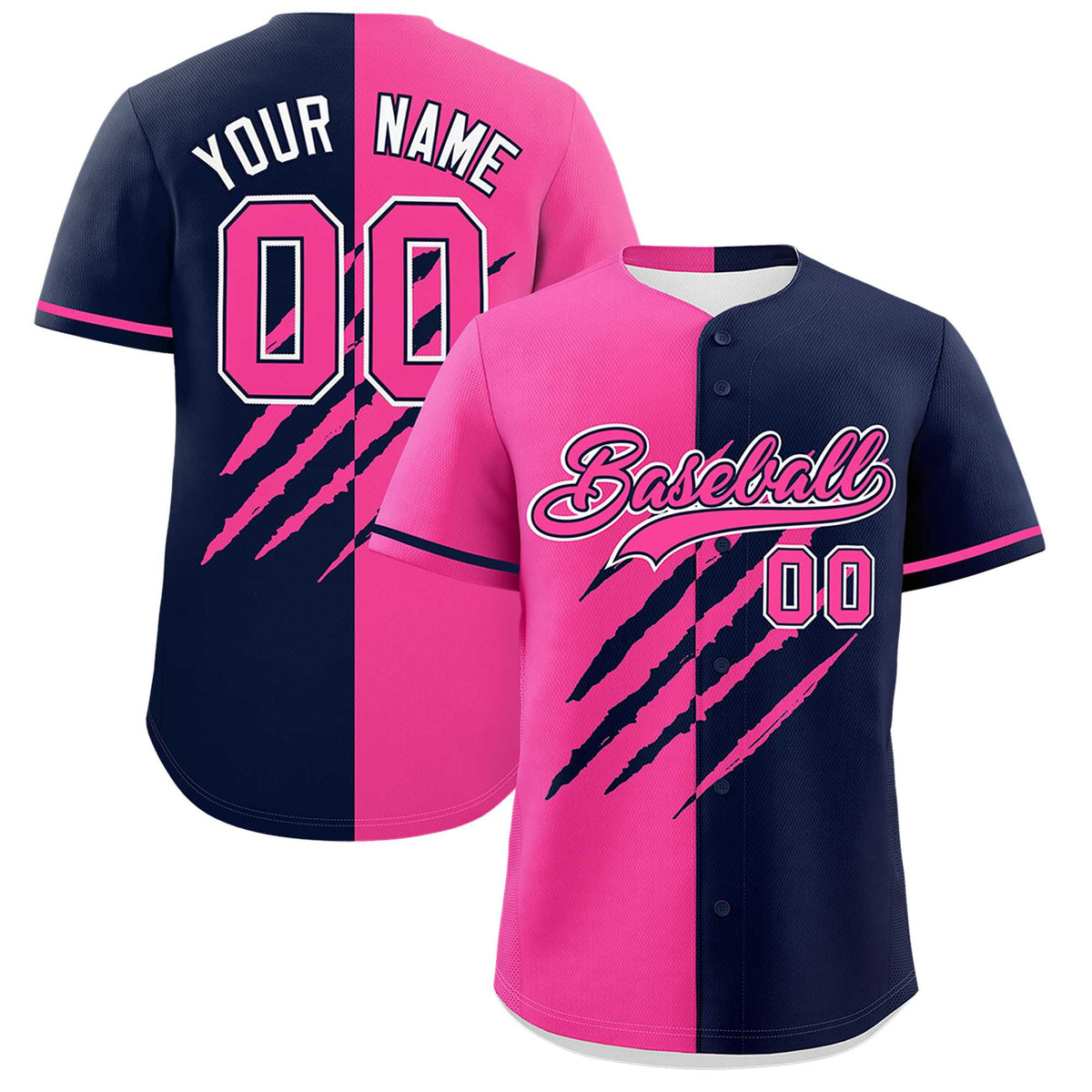 Custom Pink Navy Split Tiger Claw Scratch Pattern Baseball Jersey