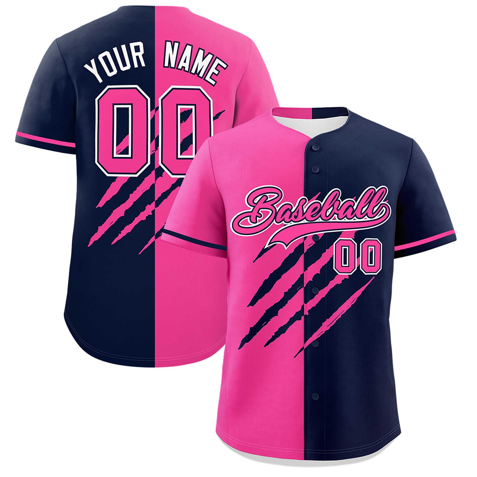 Custom Pink Navy Split Tiger Claw Scratch Pattern Baseball Jersey