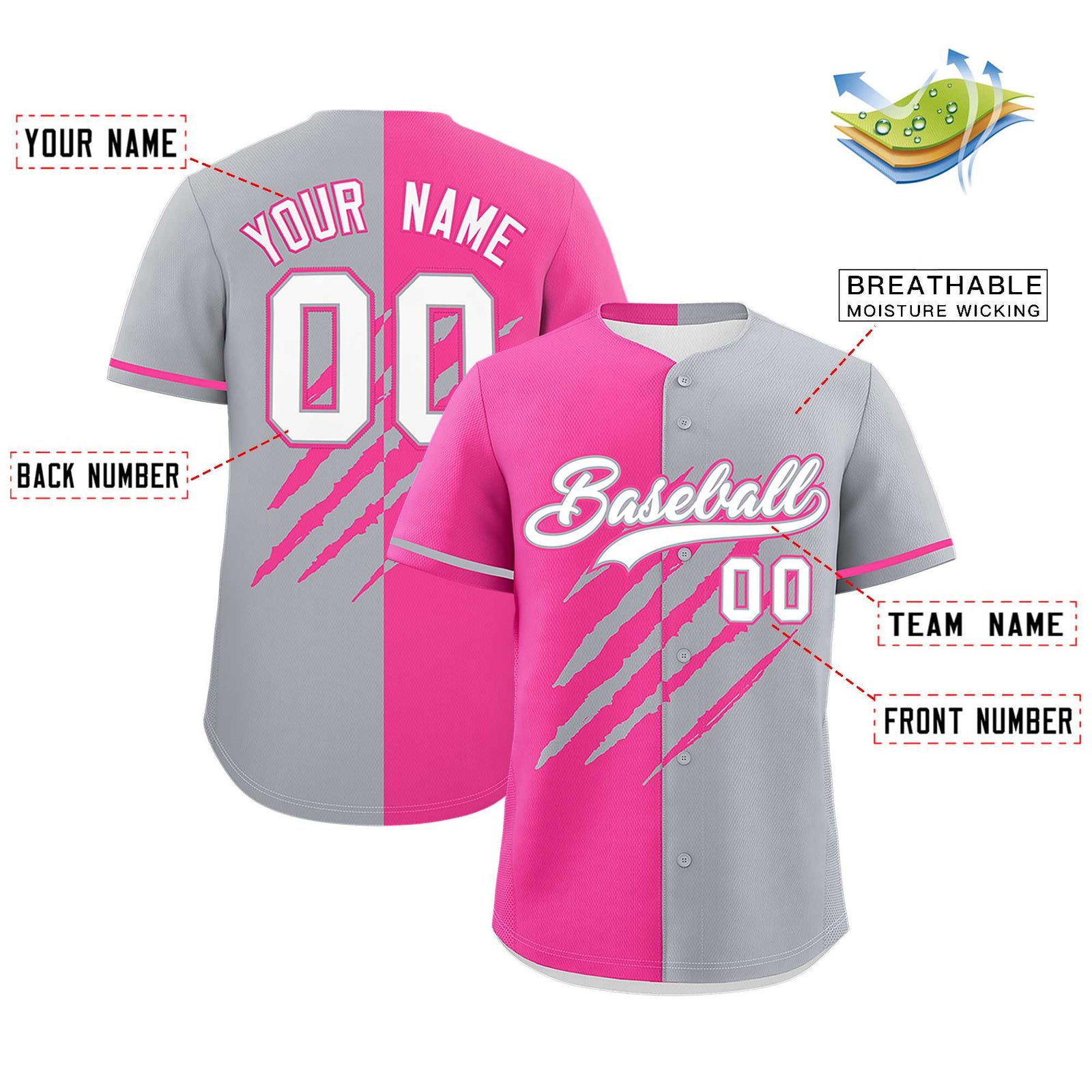 Custom Pink Gray Split Tiger Claw Scratch Pattern Baseball Jersey