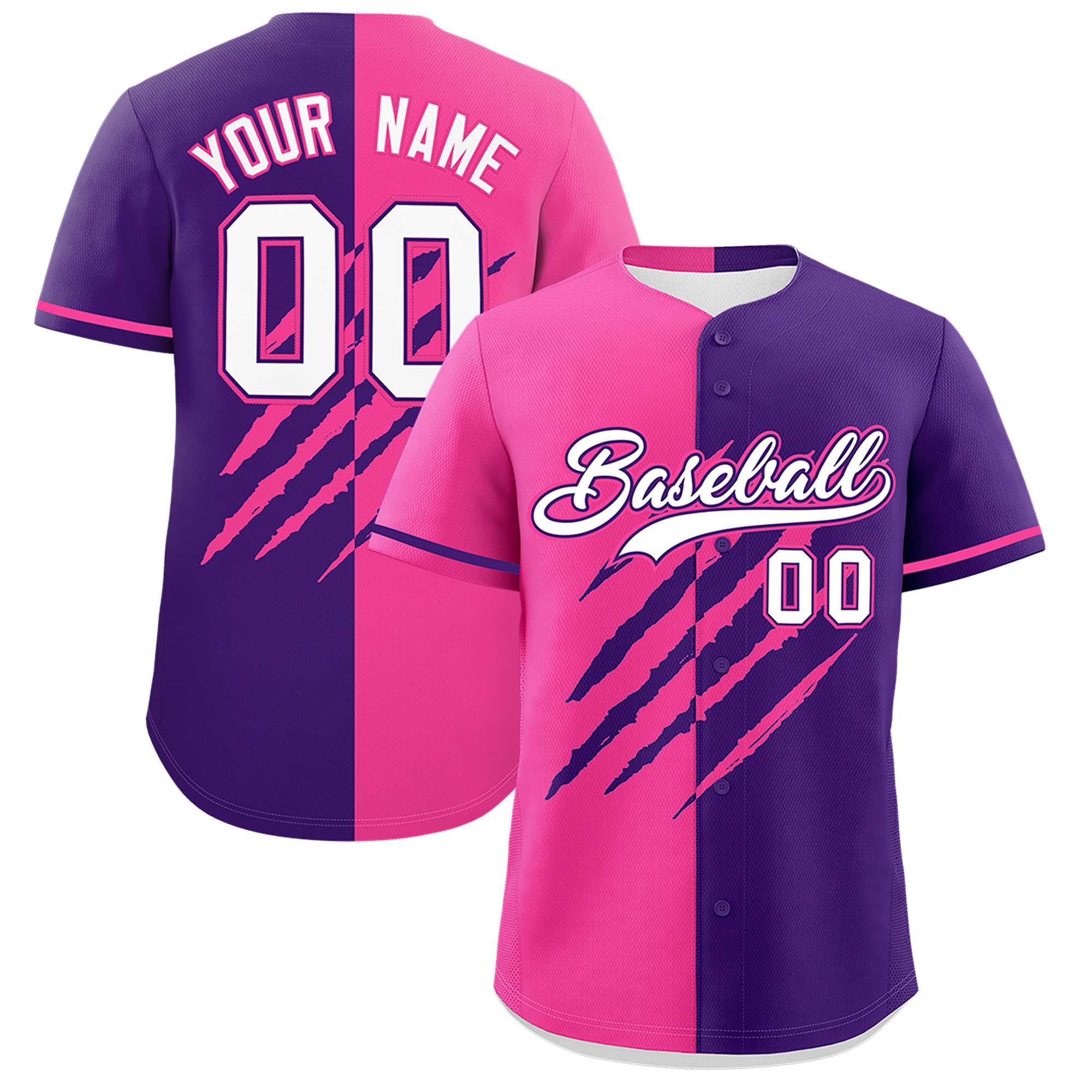 Custom Pink Purple Split Tiger Claw Scratch Pattern Baseball Jersey
