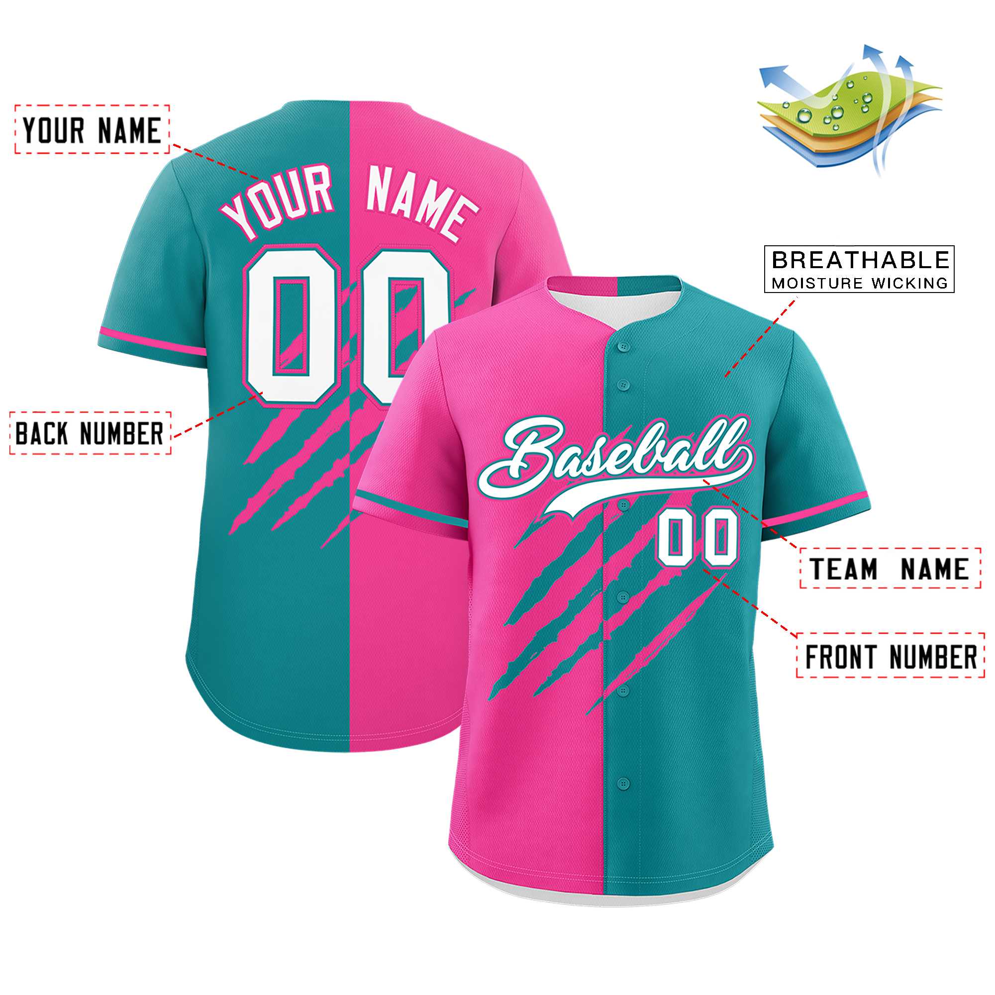 Custom Pink Aqua Split Tiger Claw Scratch Pattern Baseball Jersey