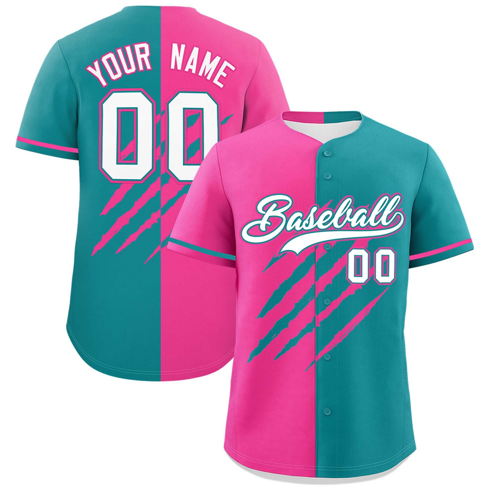 Custom Pink Aqua Split Tiger Claw Scratch Pattern Baseball Jersey