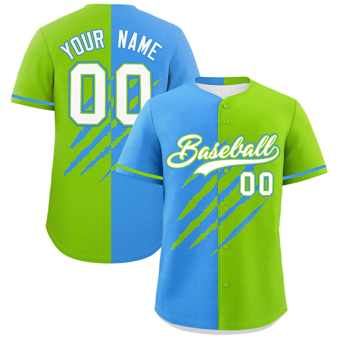 Custom Powder Blue Neon Green Split Tiger Claw Scratch Pattern Baseball Jersey