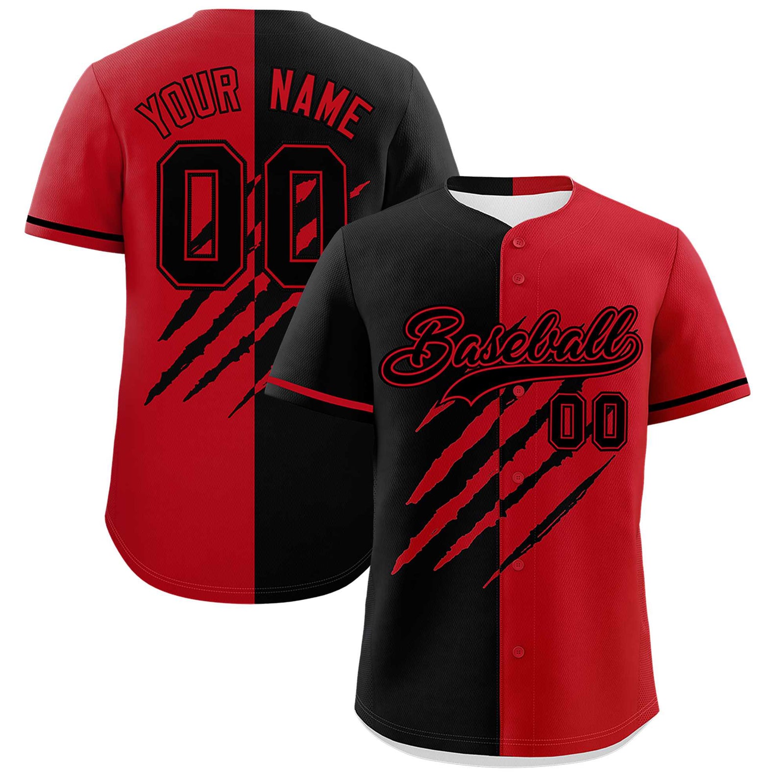 Custom Black Red Split Tiger Claw Scratch Pattern Baseball Jersey