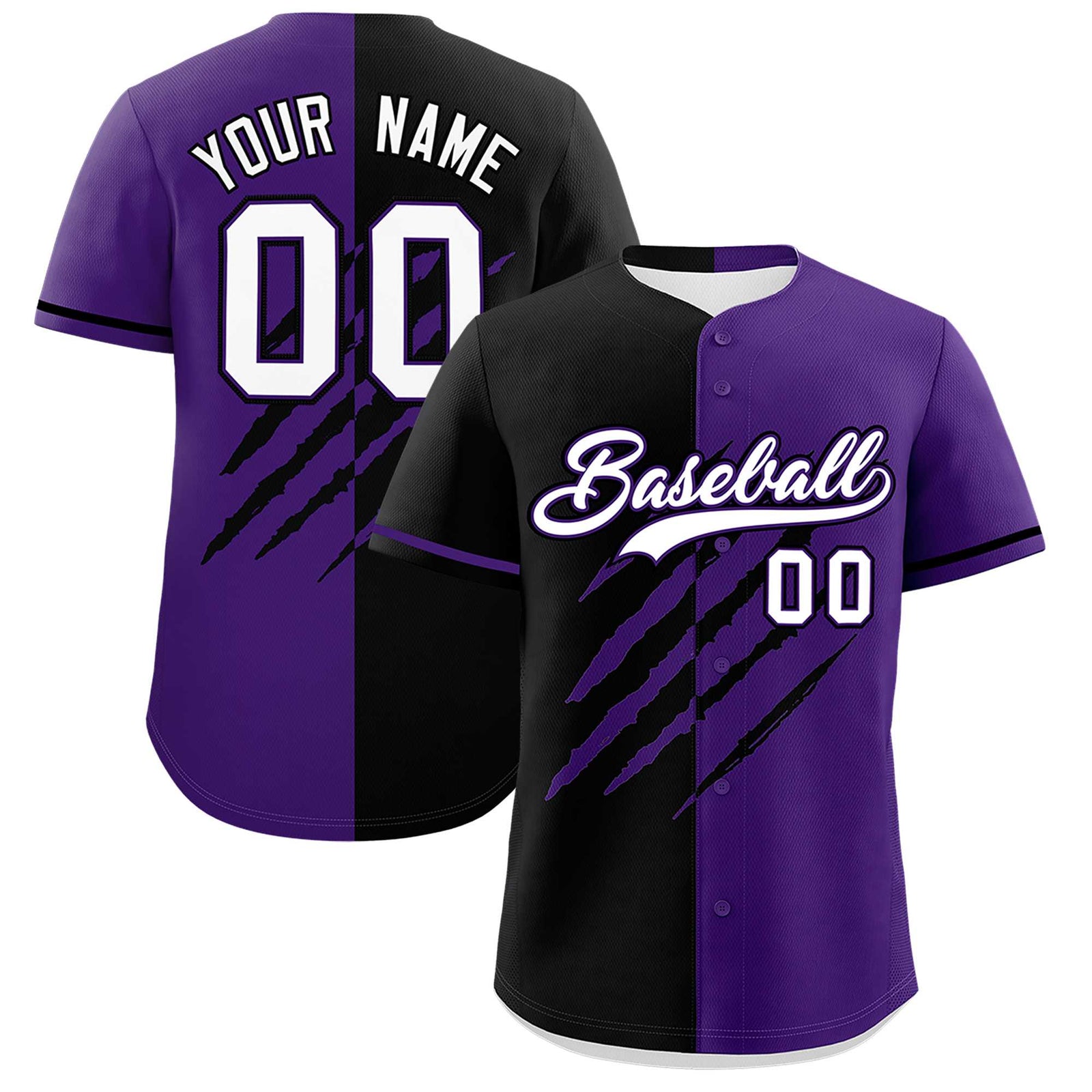 Custom Black Purple Split Tiger Claw Scratch Pattern Baseball Jersey