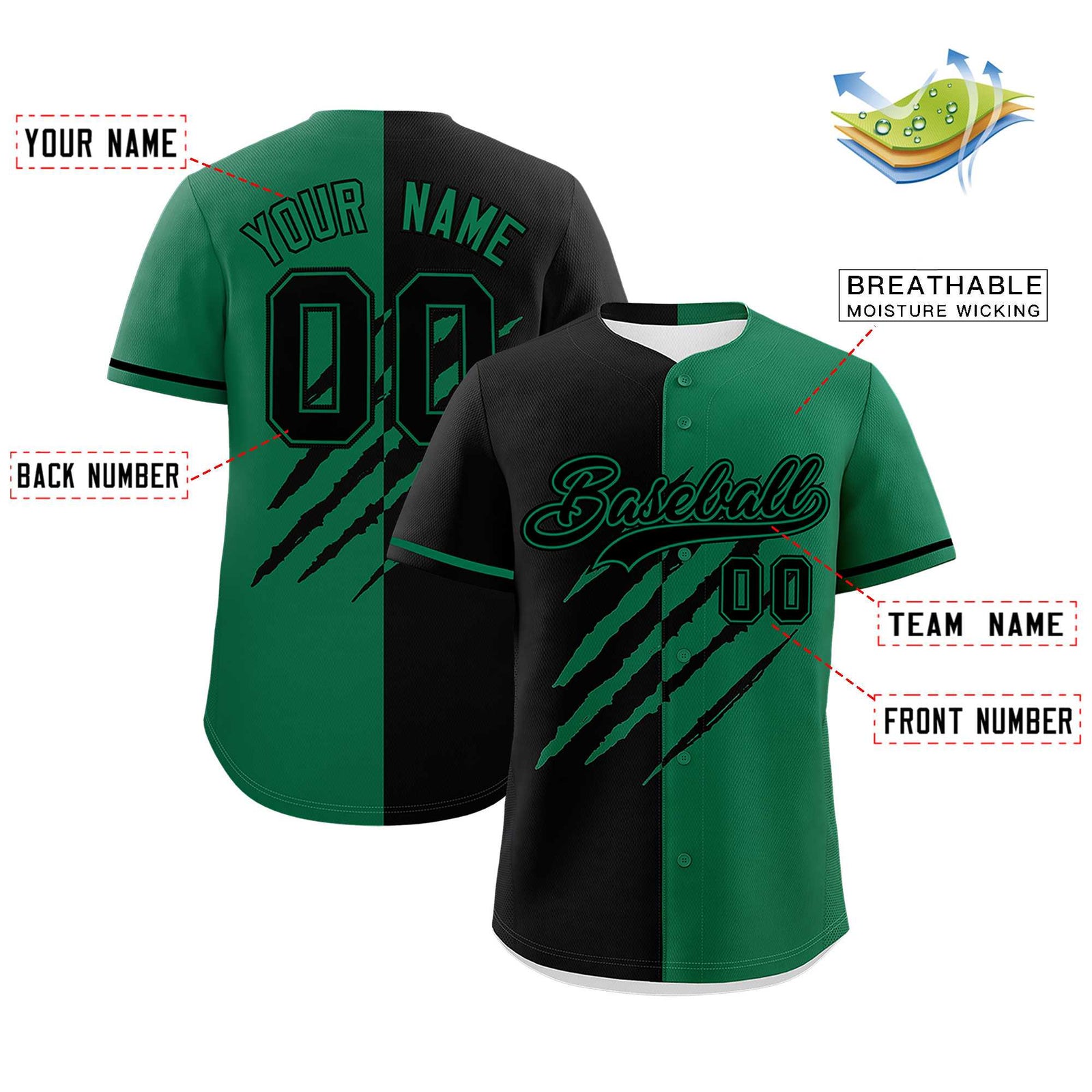 Custom Black Kelly Green Split Tiger Claw Scratch Pattern Baseball Jersey