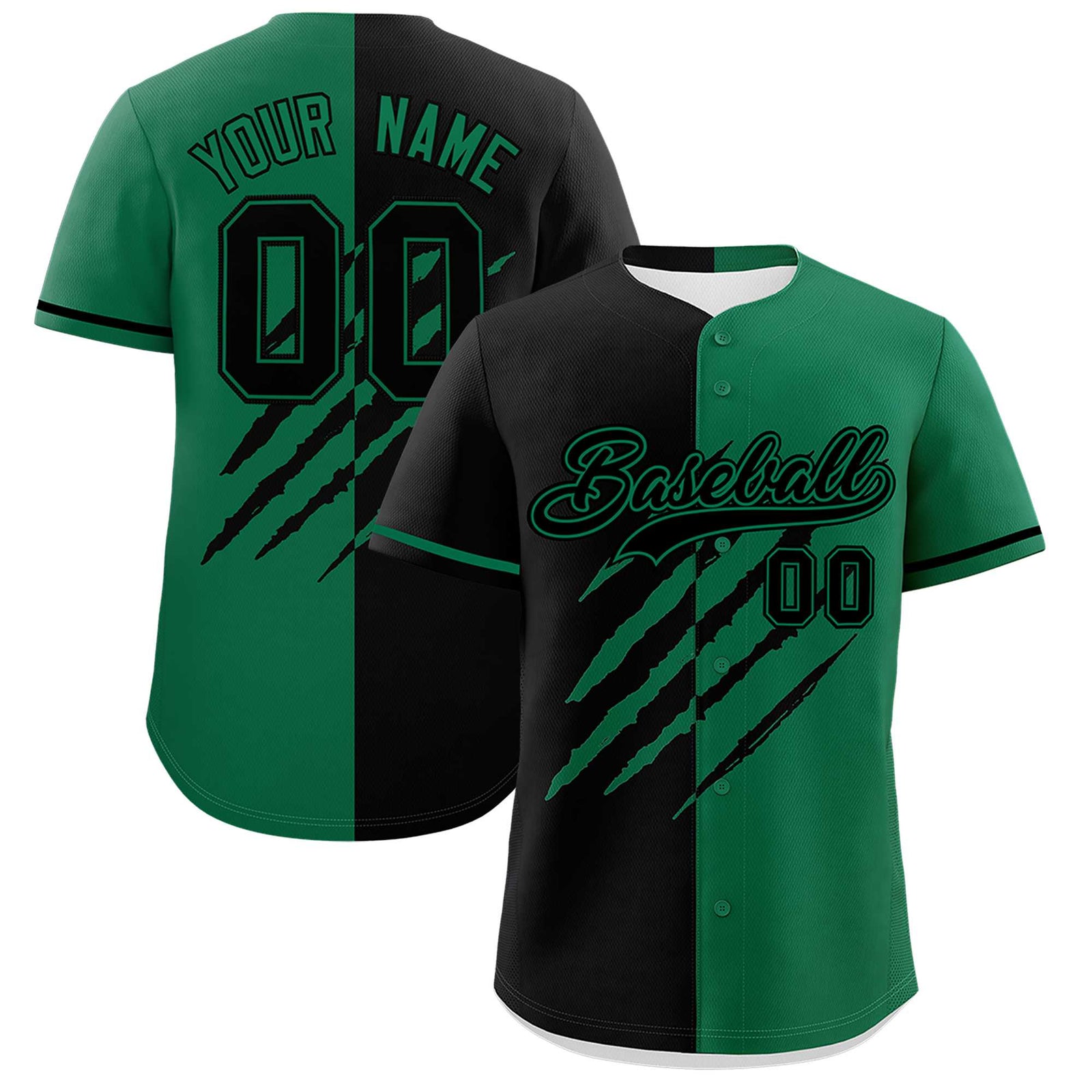 Custom Black Kelly Green Split Tiger Claw Scratch Pattern Baseball Jersey