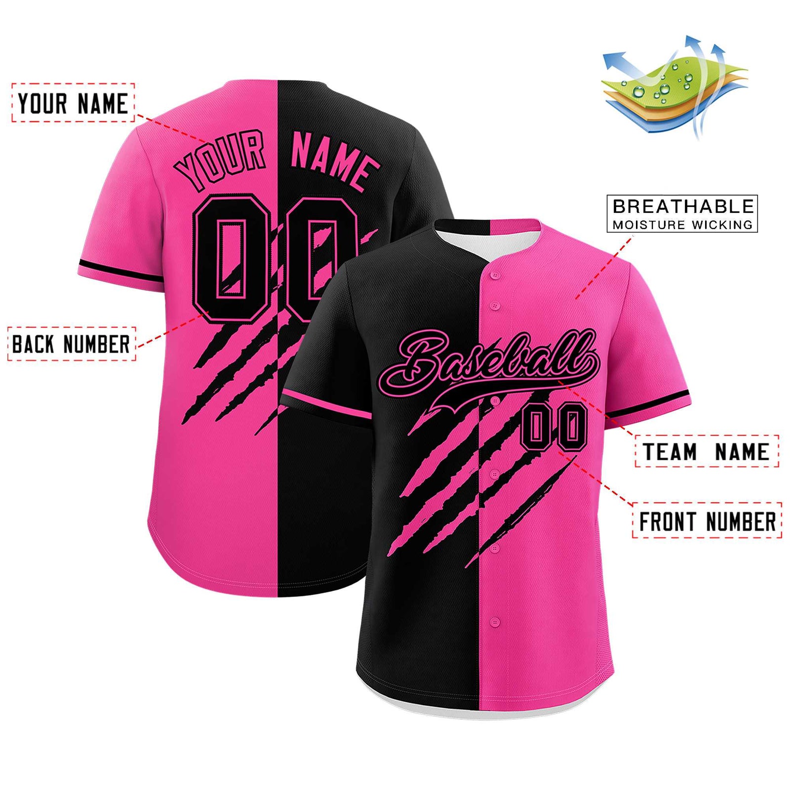 Custom Black Pink Split Tiger Claw Scratch Pattern Baseball Jersey