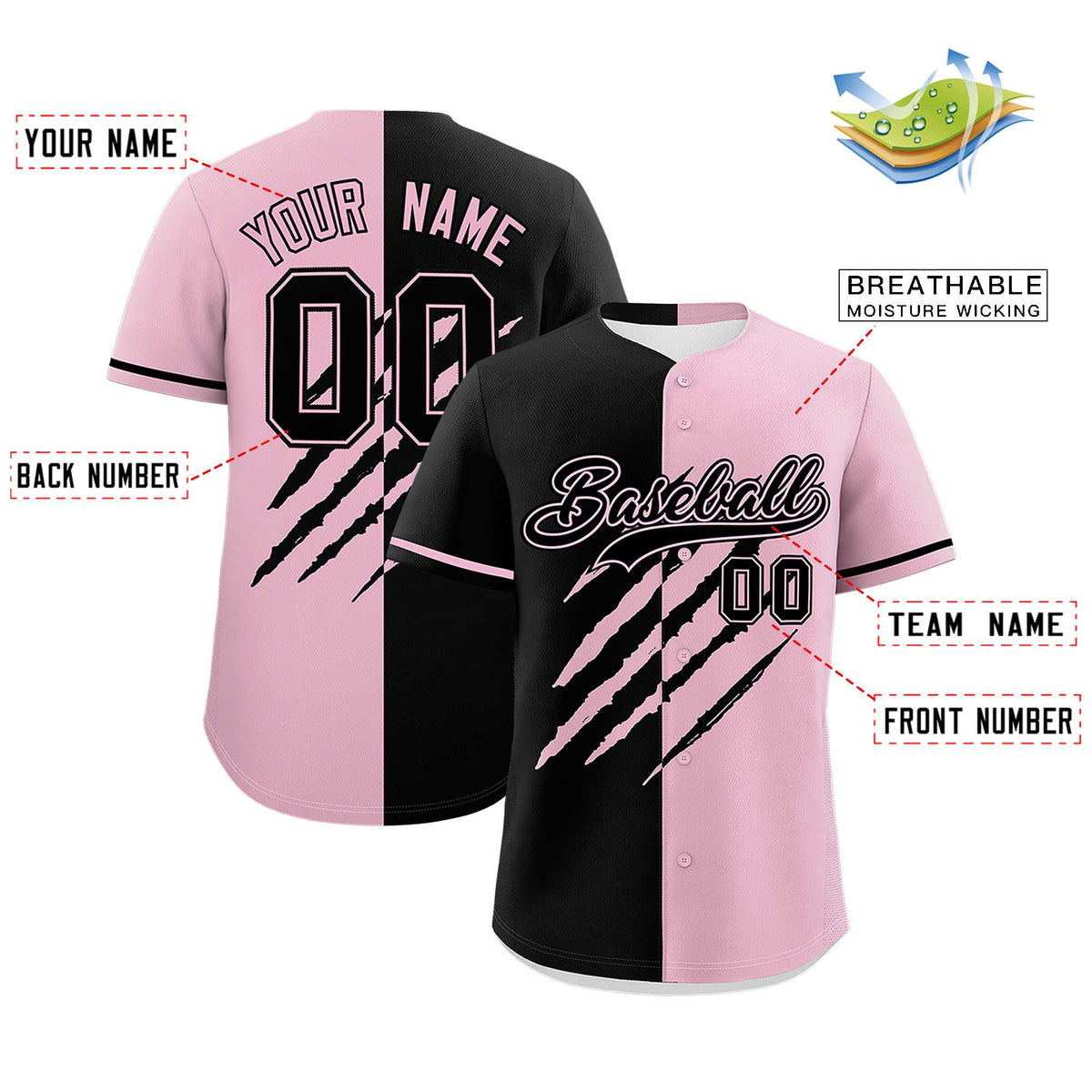 Custom Black Light Pink Split Tiger Claw Scratch Pattern Baseball Jersey