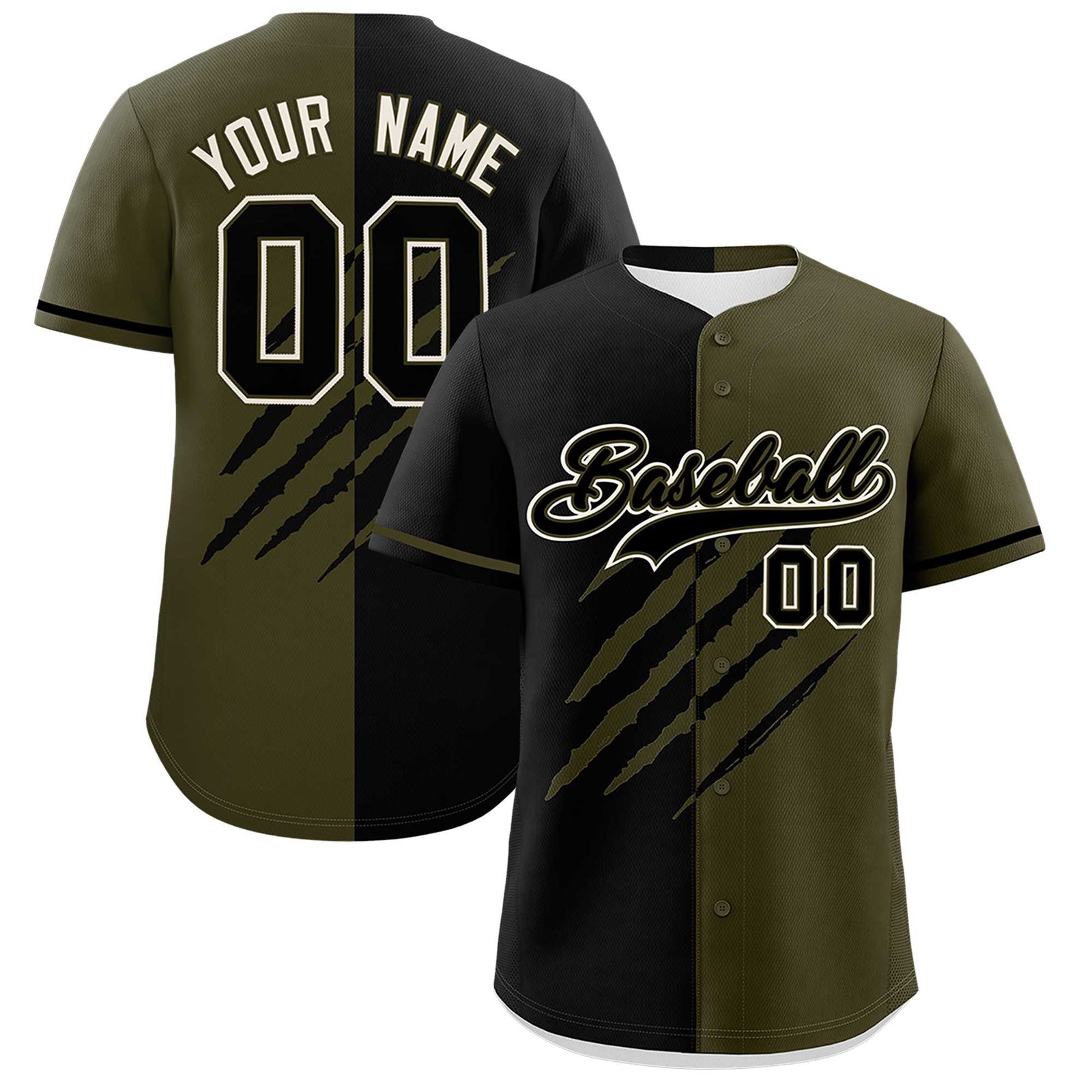 Custom Black Olive Split Tiger Claw Scratch Pattern Baseball Jersey