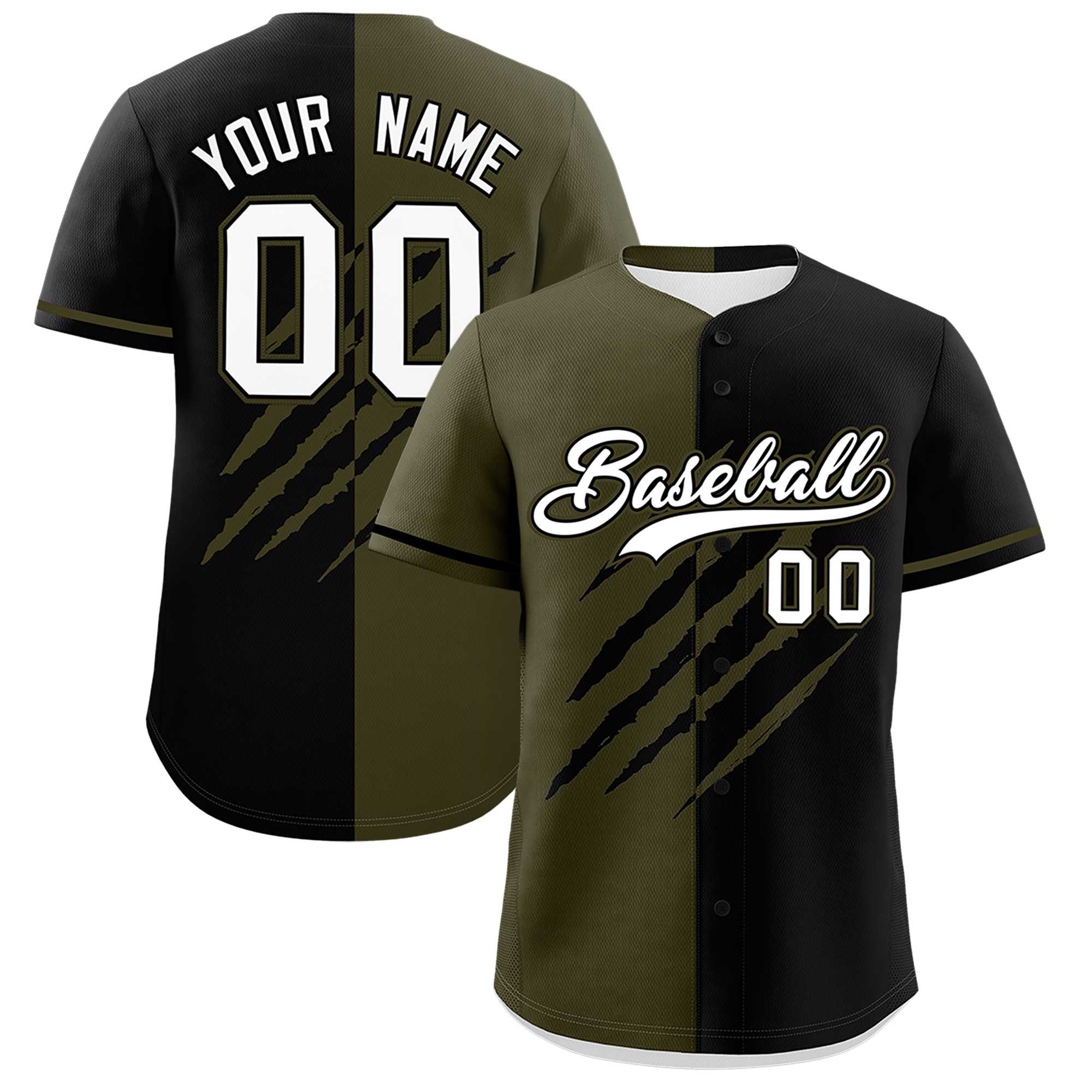 Custom Olive Black Split Tiger Claw Scratch Pattern Baseball Jersey