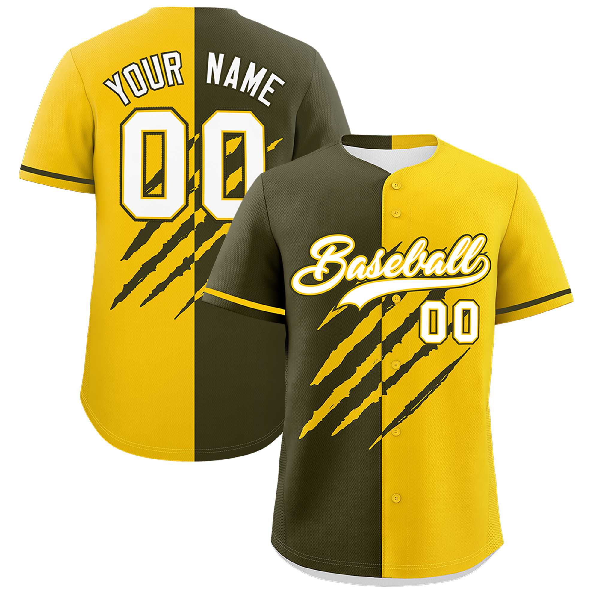 Custom Olive Gold Split Tiger Claw Scratch Pattern Baseball Jersey