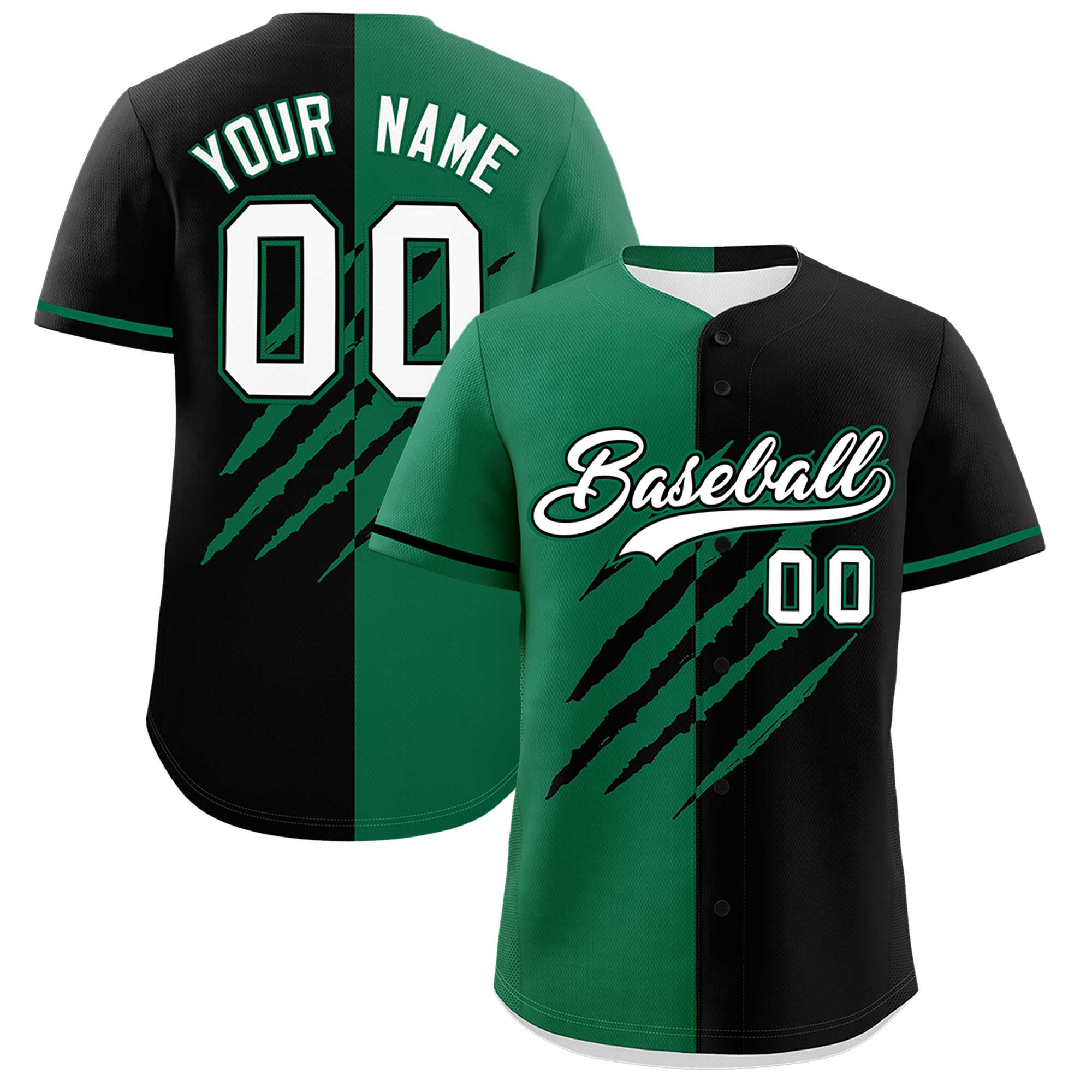 Custom Kelly Green Black Split Tiger Claw Scratch Pattern Baseball Jersey