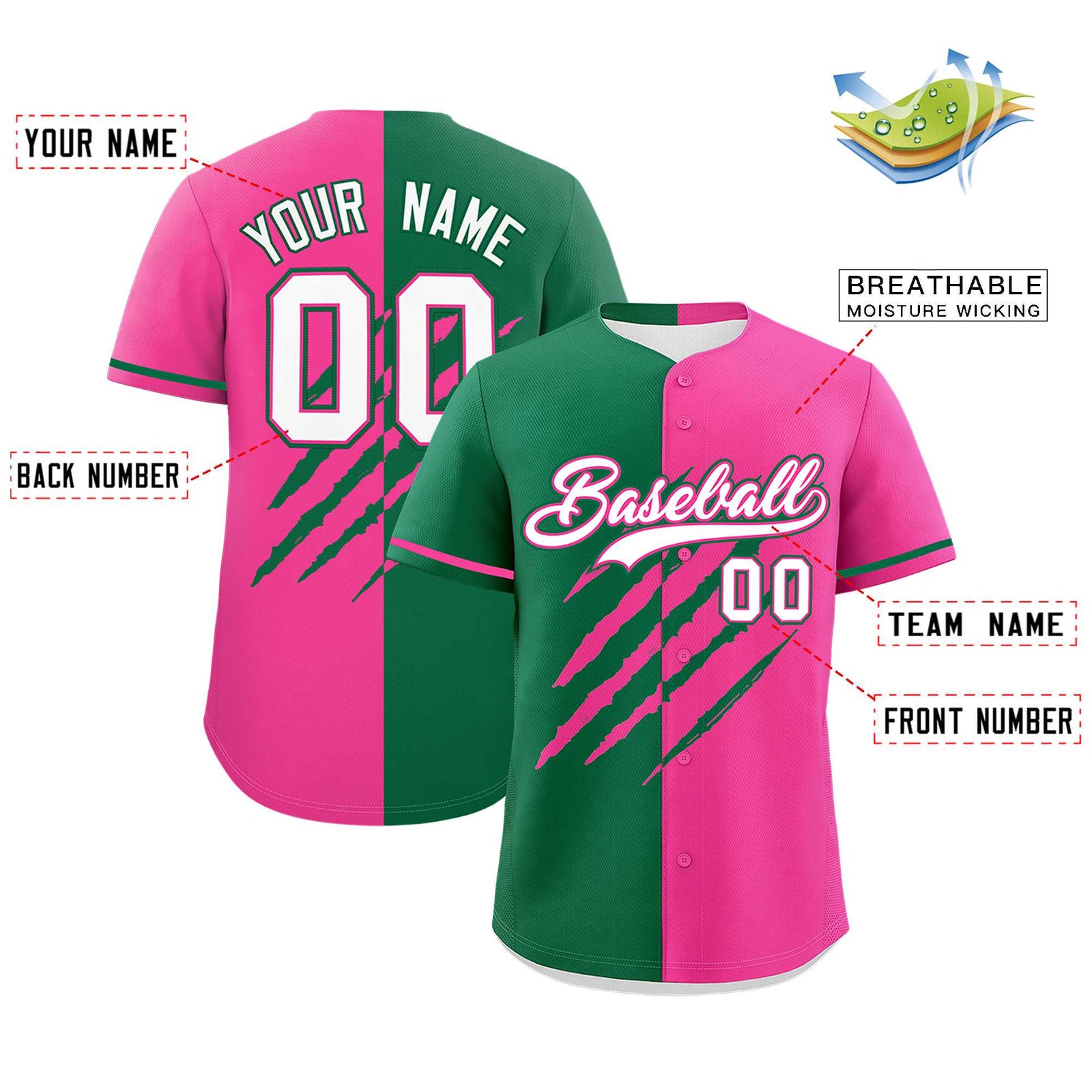 Custom Kelly Green Pink Split Tiger Claw Scratch Pattern Baseball Jersey