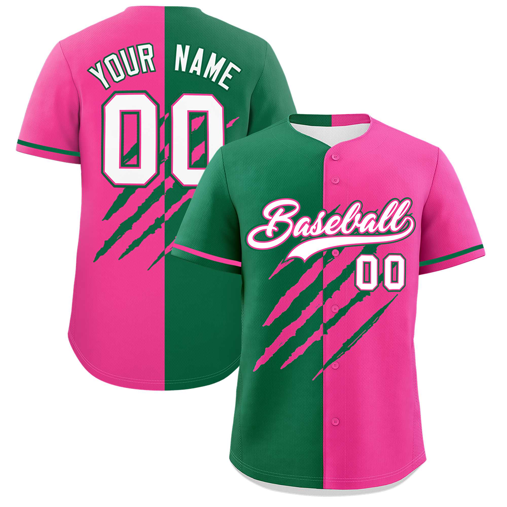 Custom Kelly Green Pink Split Tiger Claw Scratch Pattern Baseball Jersey