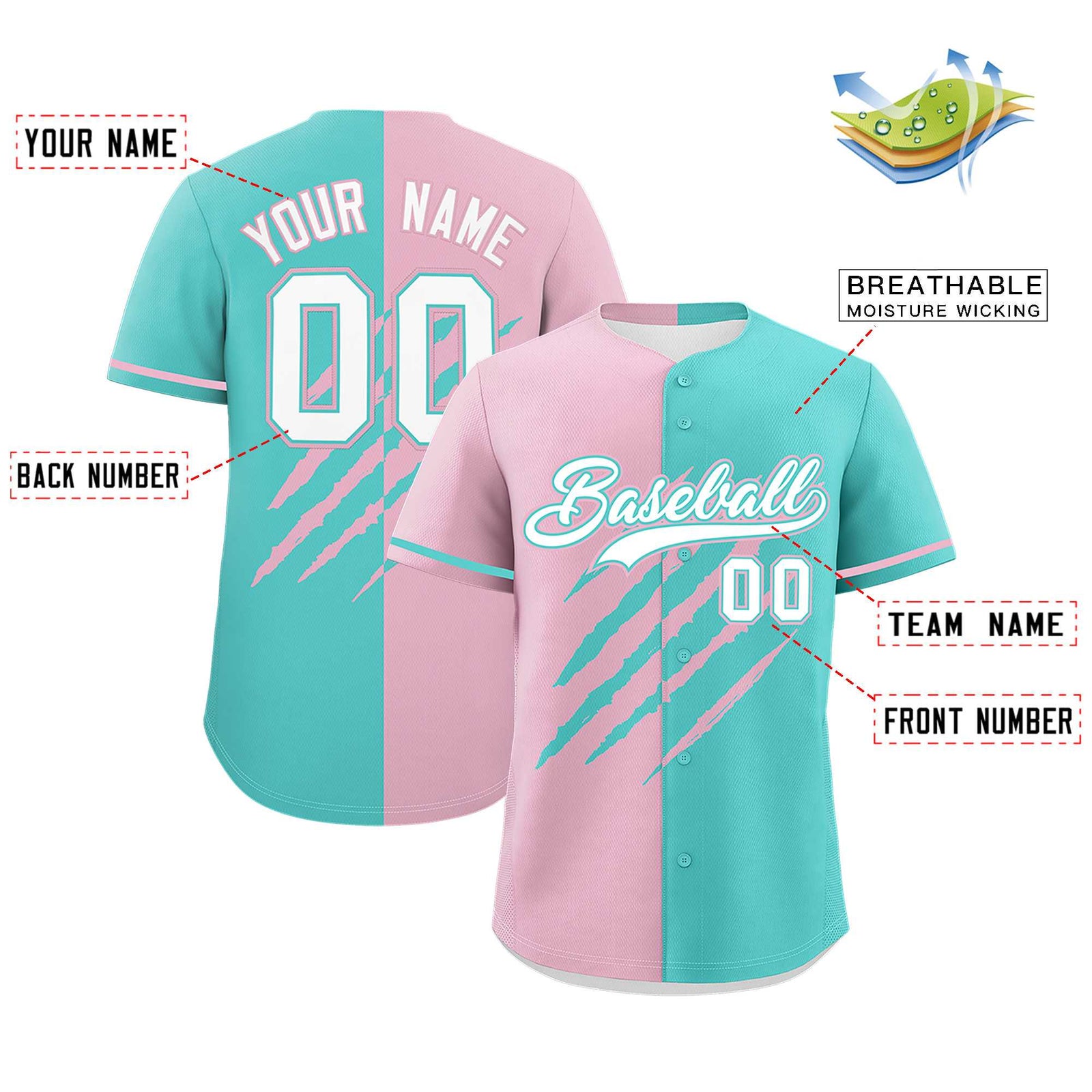 Custom Light Pink Bright Green Split Tiger Claw Scratch Pattern Baseball Jersey