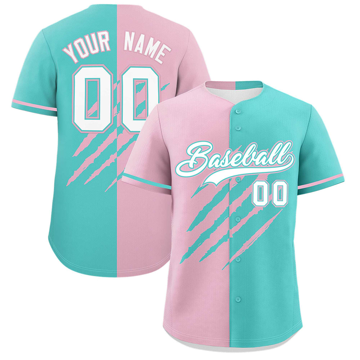 Custom Light Pink Bright Green Split Tiger Claw Scratch Pattern Baseball Jersey