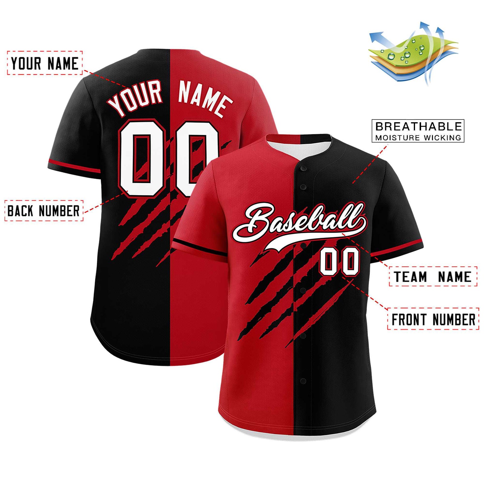 Custom Red Black Split Tiger Claw Scratch Pattern Baseball Jersey