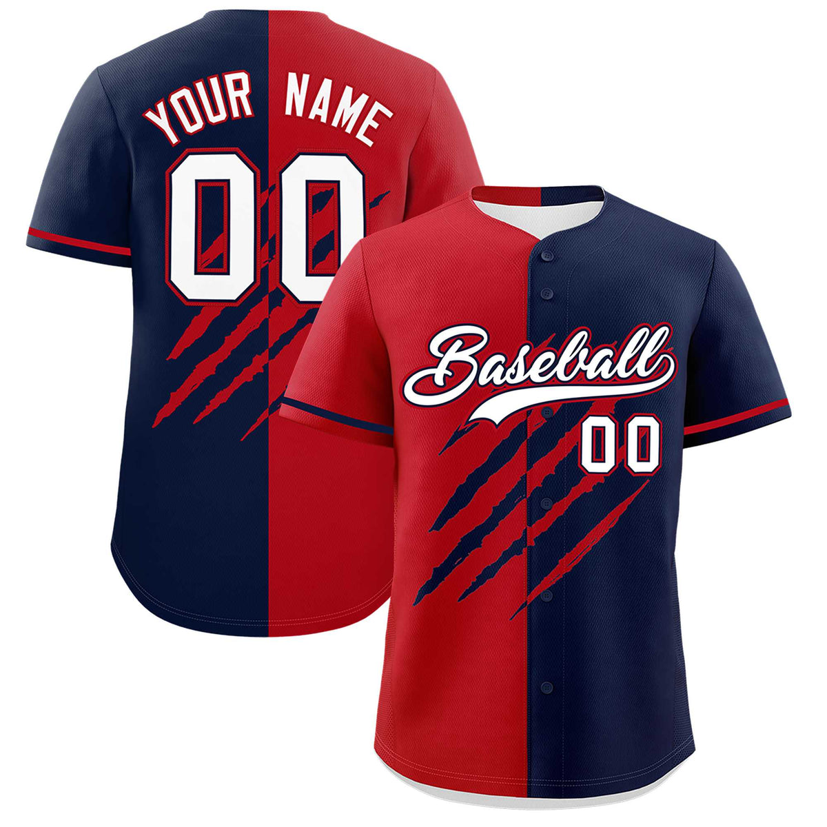 Custom Red Navy Split Tiger Claw Scratch Pattern Baseball Jersey