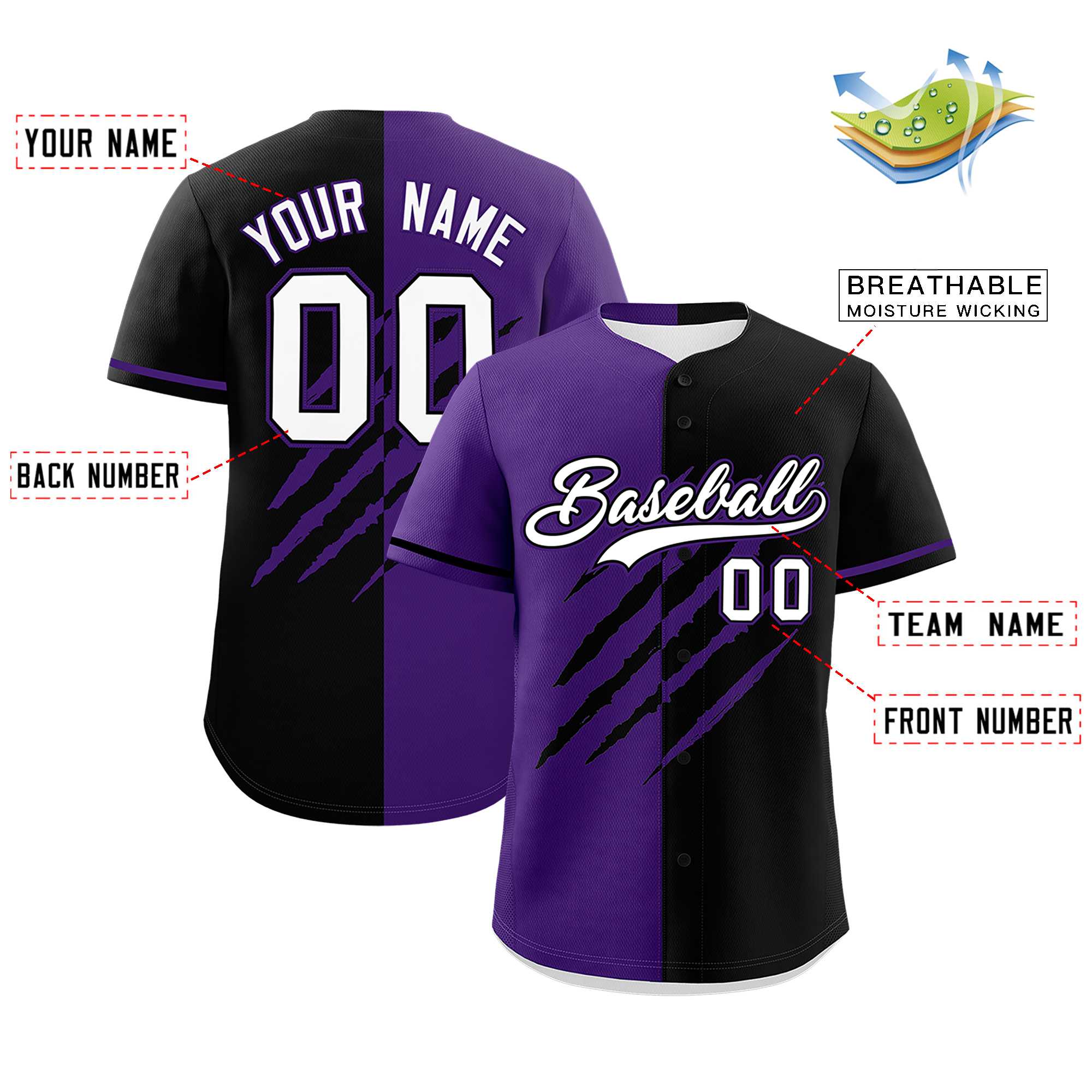 Custom Purple Black Split Tiger Claw Scratch Pattern Baseball Jersey