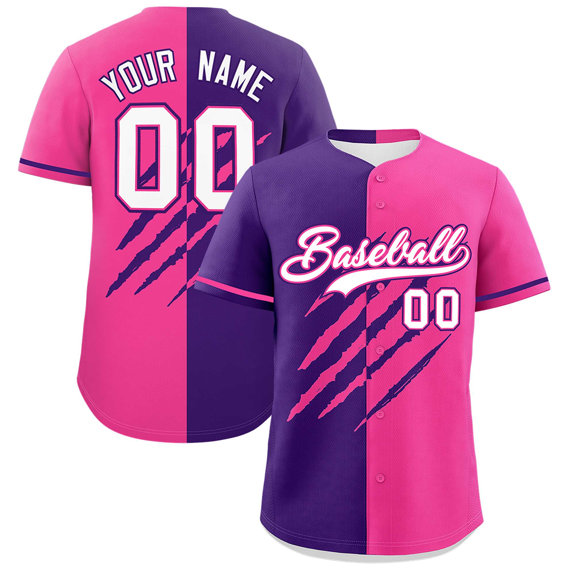 Custom Purple Pink Split Tiger Claw Scratch Pattern Baseball Jersey