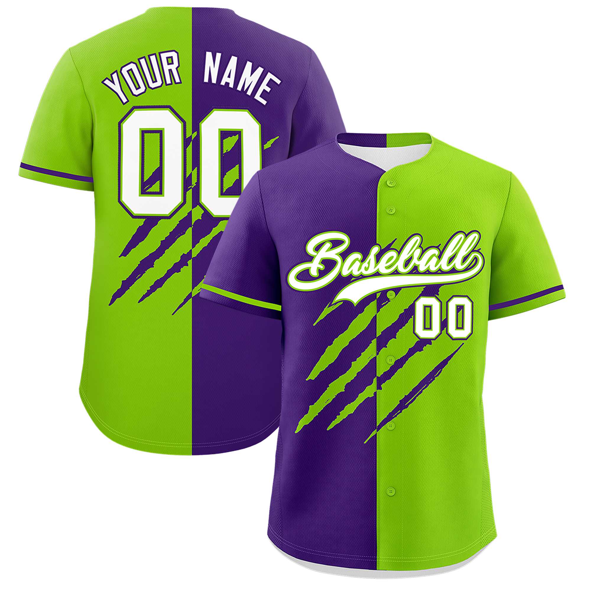 Custom Purple Neon Green Split Tiger Claw Scratch Pattern Baseball Jersey