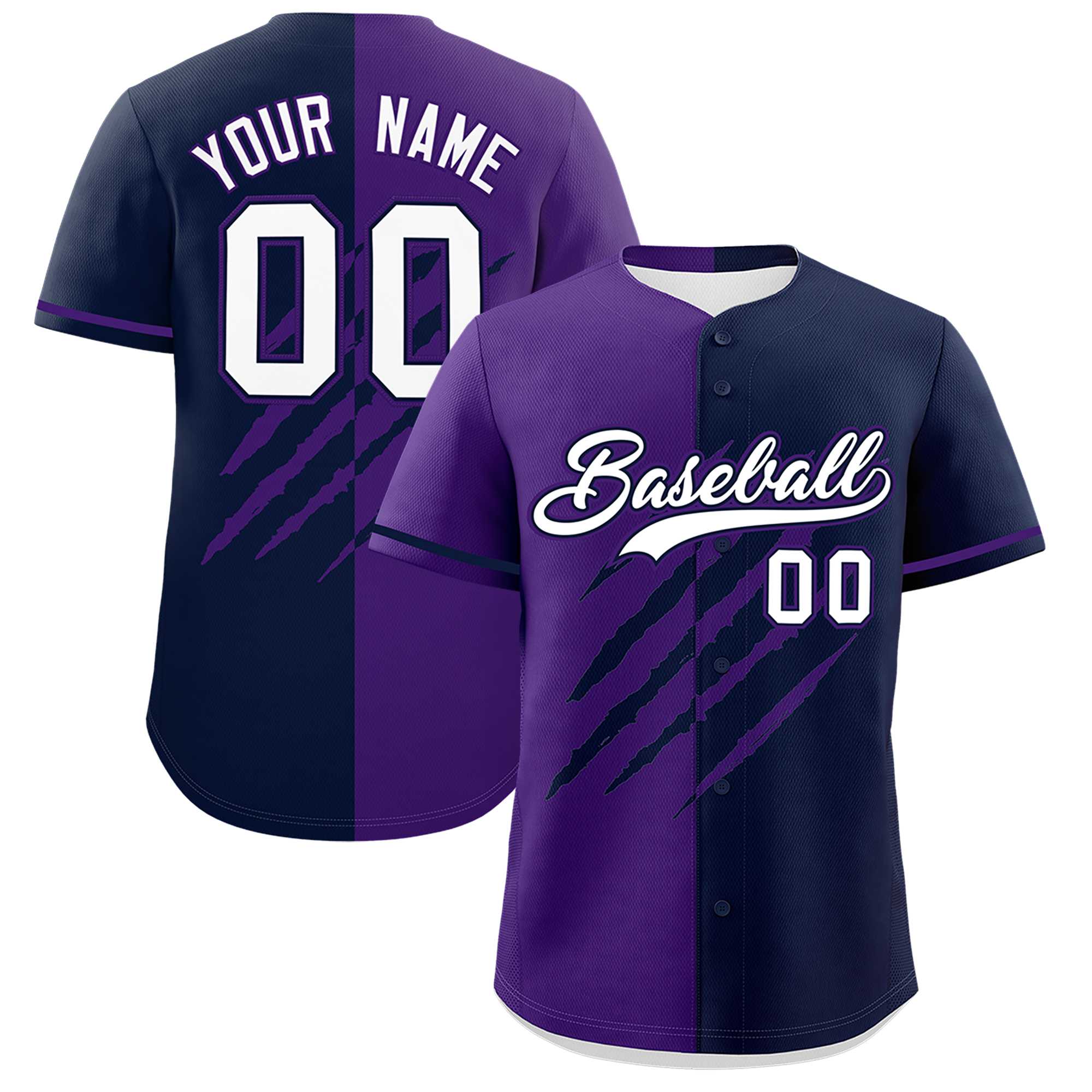 Custom Purple Navy Split Tiger Claw Scratch Pattern Baseball Jersey