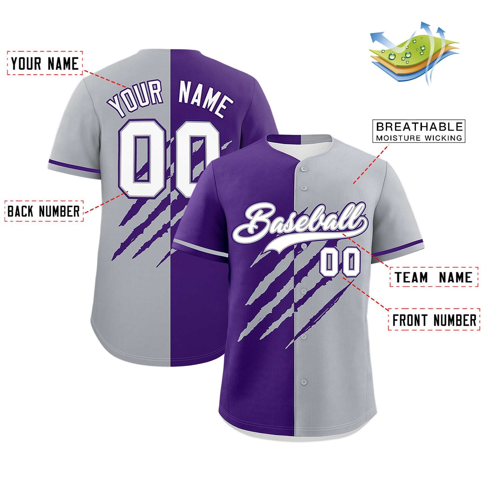 Custom Purple Gray Split Tiger Claw Scratch Pattern Baseball Jersey