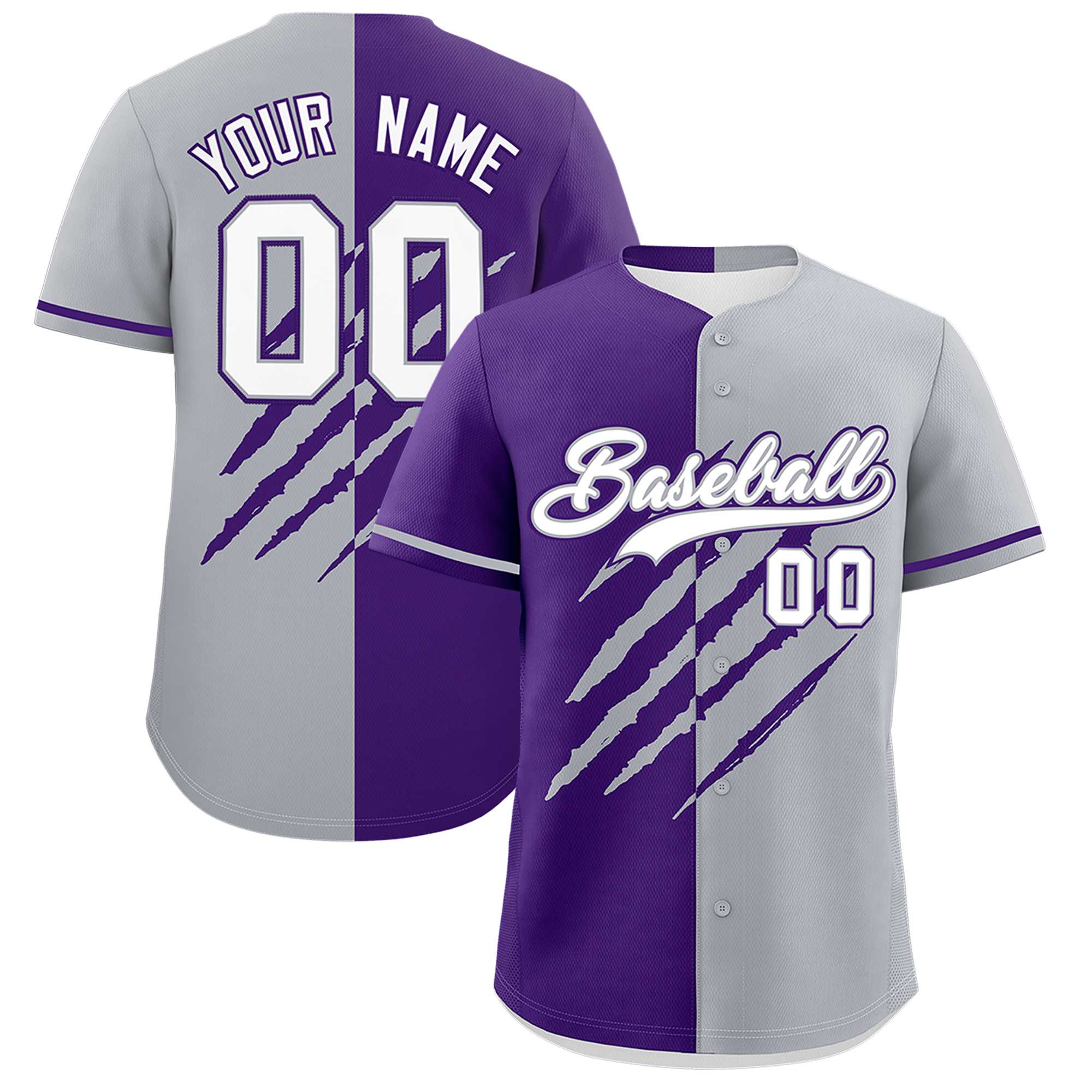 Custom Purple Gray Split Tiger Claw Scratch Pattern Baseball Jersey