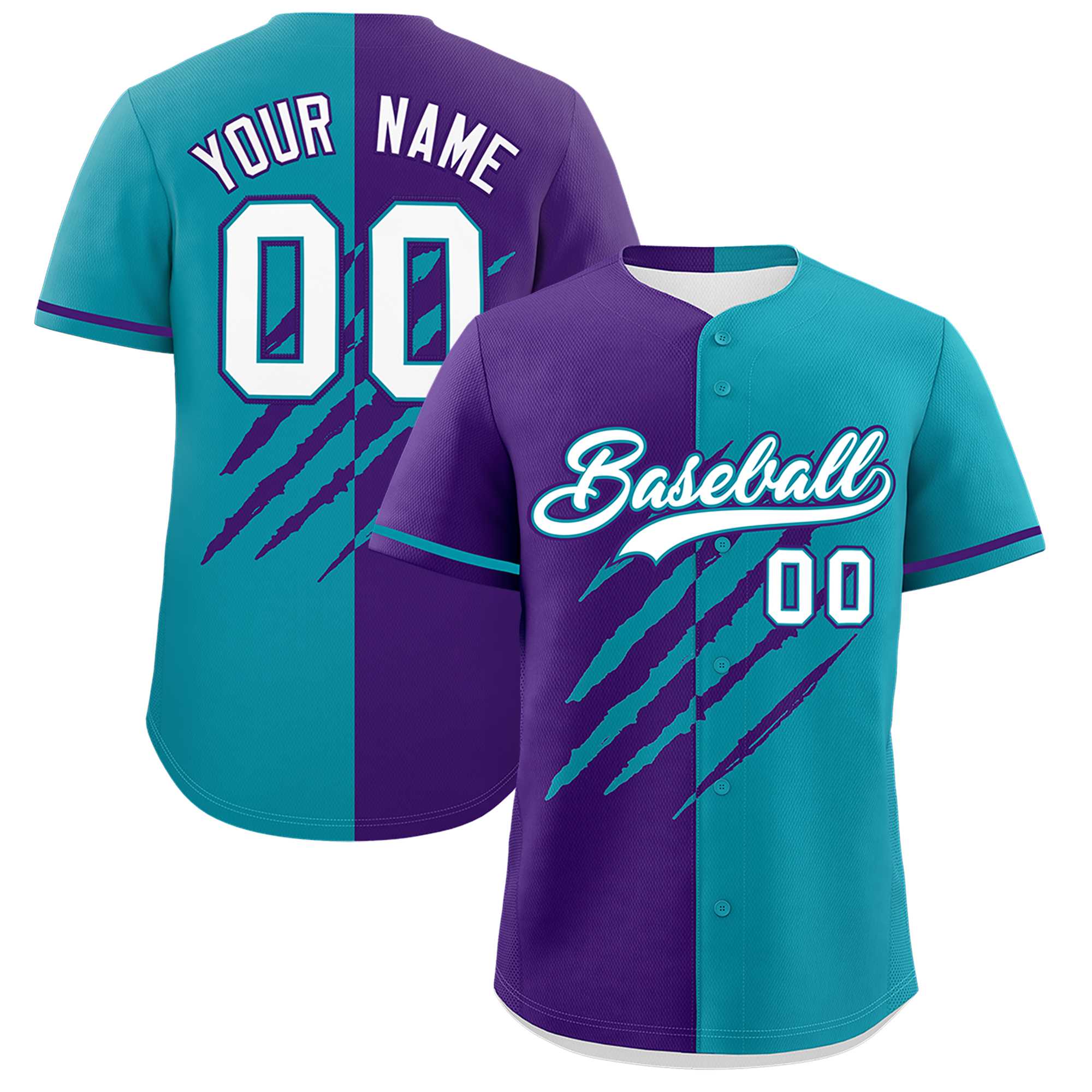 Custom Purple Teal Split Tiger Claw Scratch Pattern Baseball Jersey