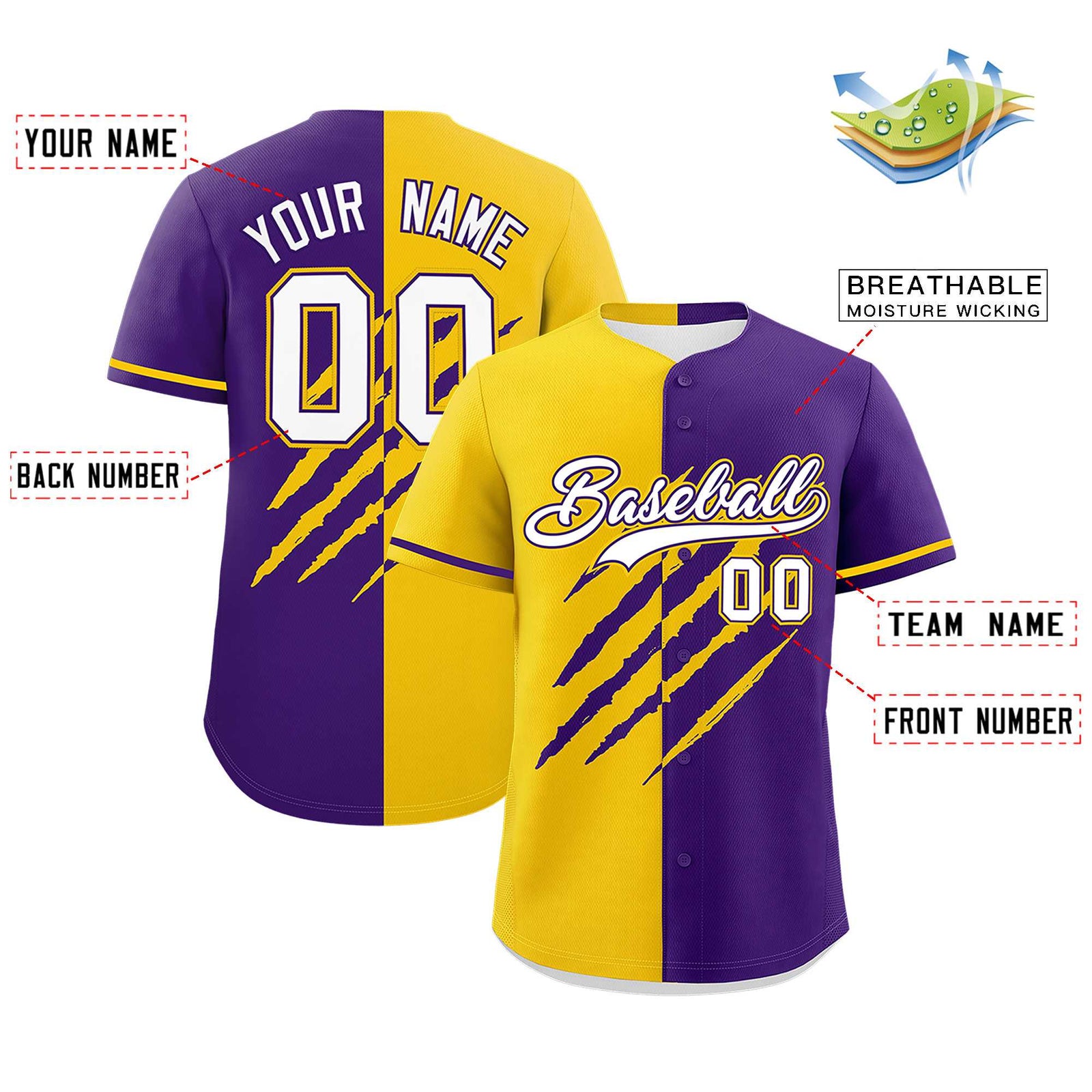 Custom Gold Purple Split Tiger Claw Scratch Pattern Baseball Jersey