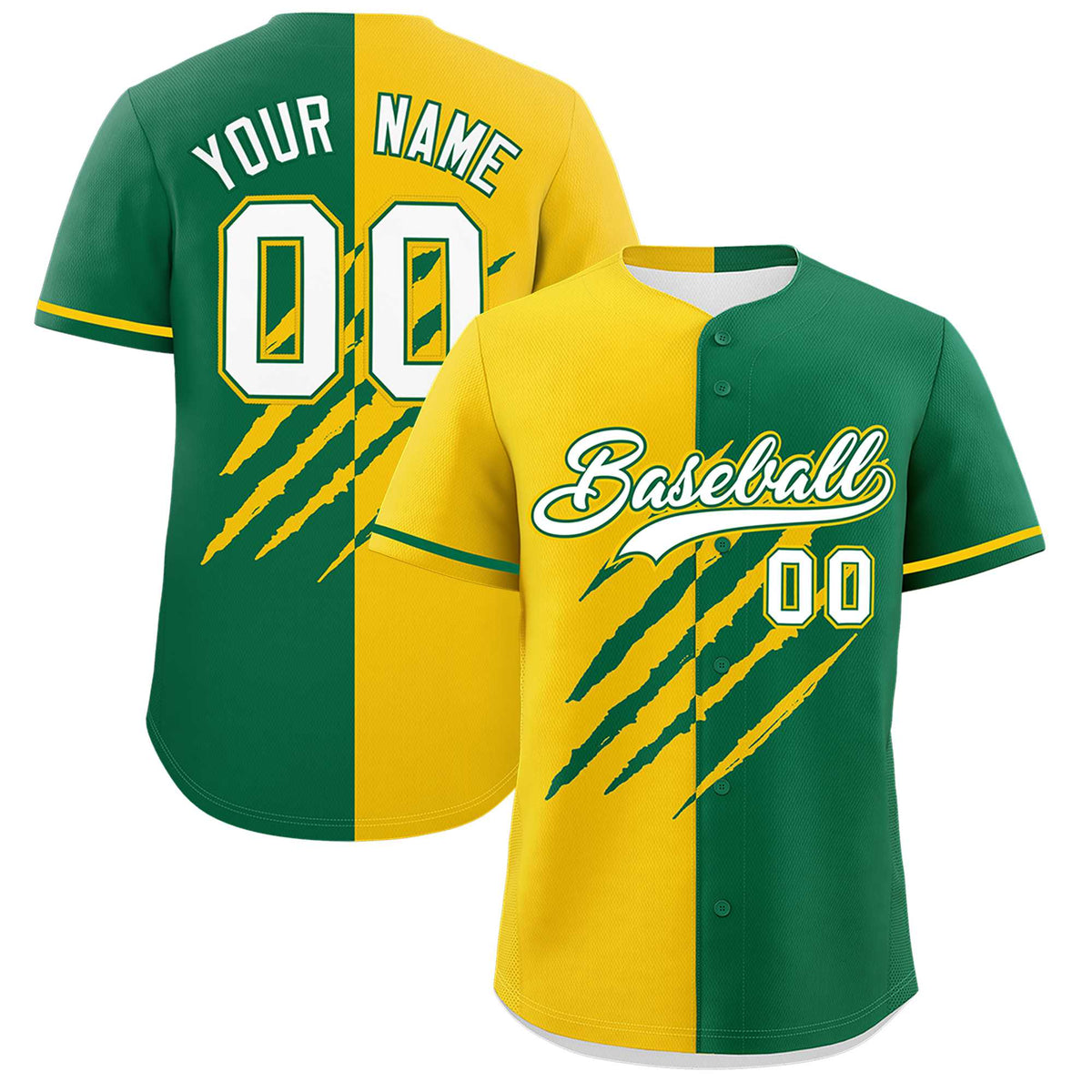 Custom Gold Kelly Green Split Tiger Claw Scratch Pattern Baseball Jersey