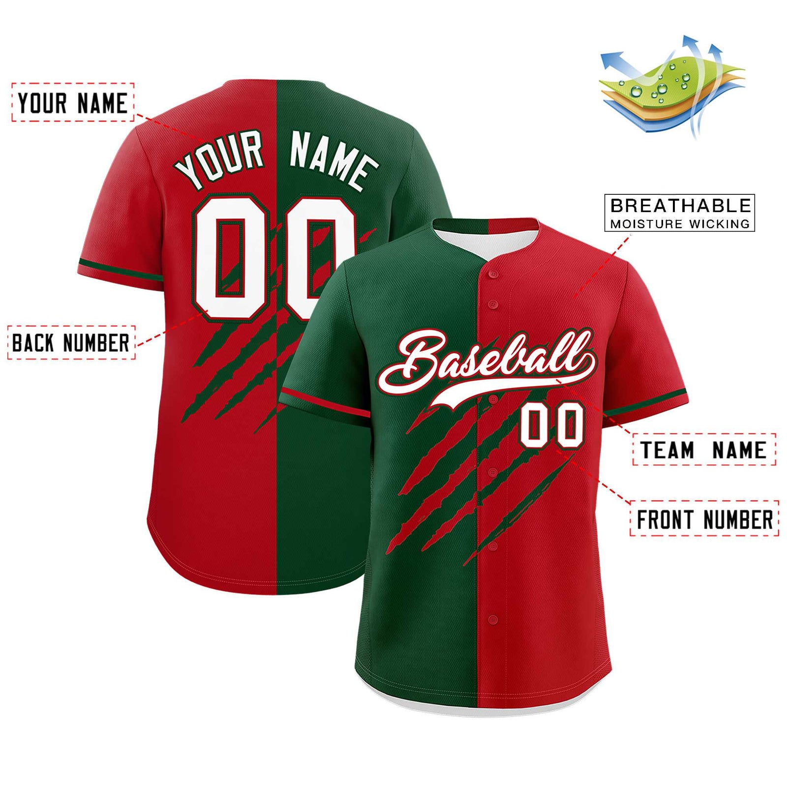Custom Green Red Split Tiger Claw Scratch Pattern Baseball Jersey