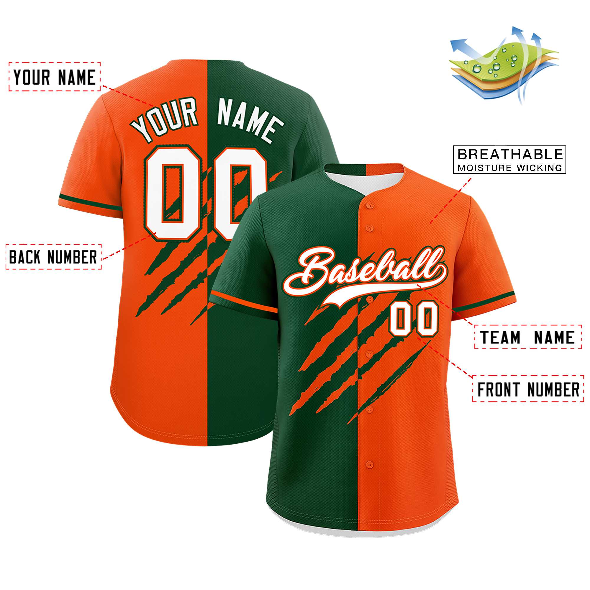 Custom Green Orange Split Tiger Claw Scratch Pattern Baseball Jersey
